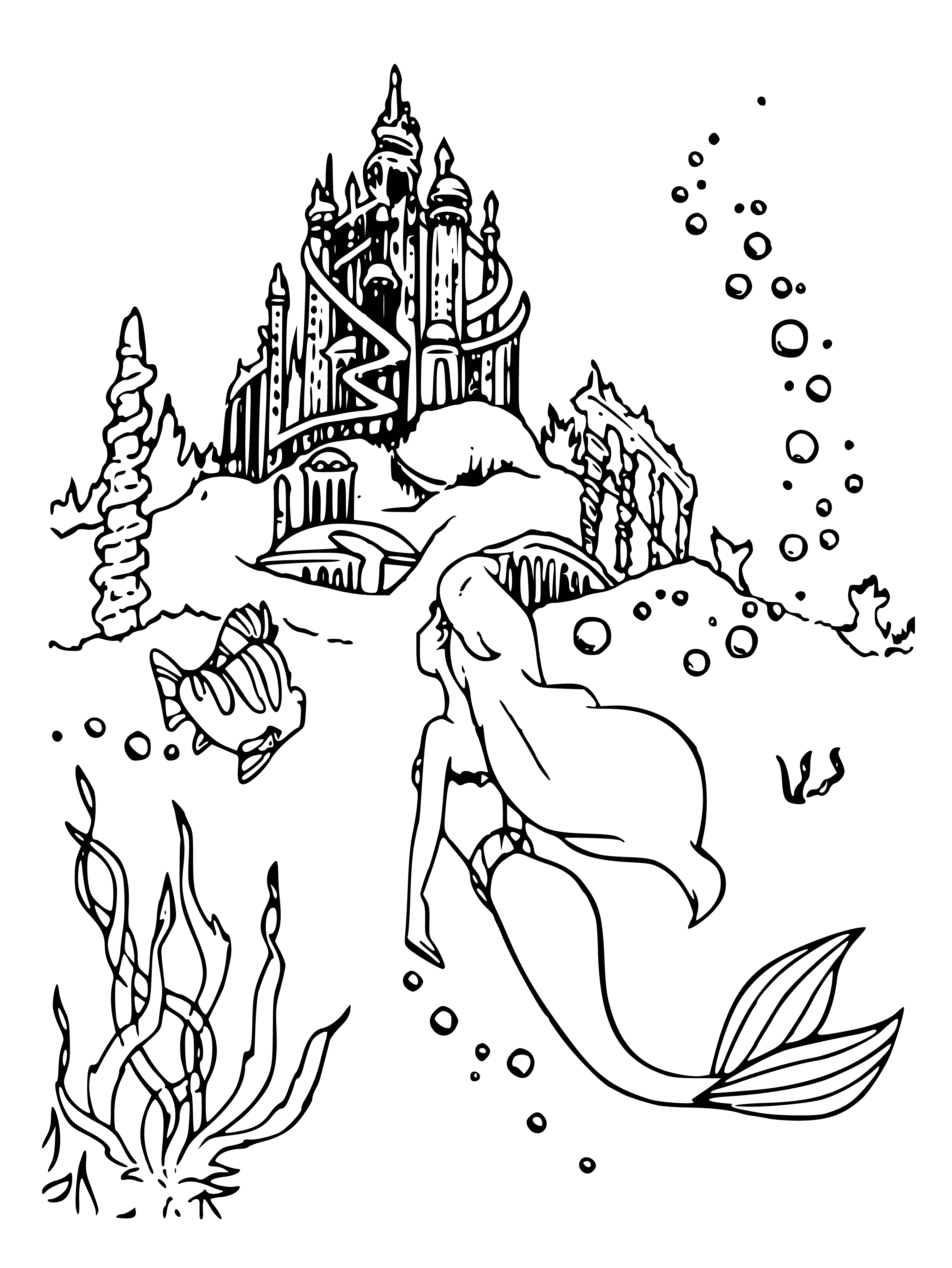 coloring page: Palace of "The Little Mermaid" made of stone, surrounded by moat with fish, with arched doorway and large stone statues of mermaids. Sign reads "Underwater Palace". #fairytaletheme