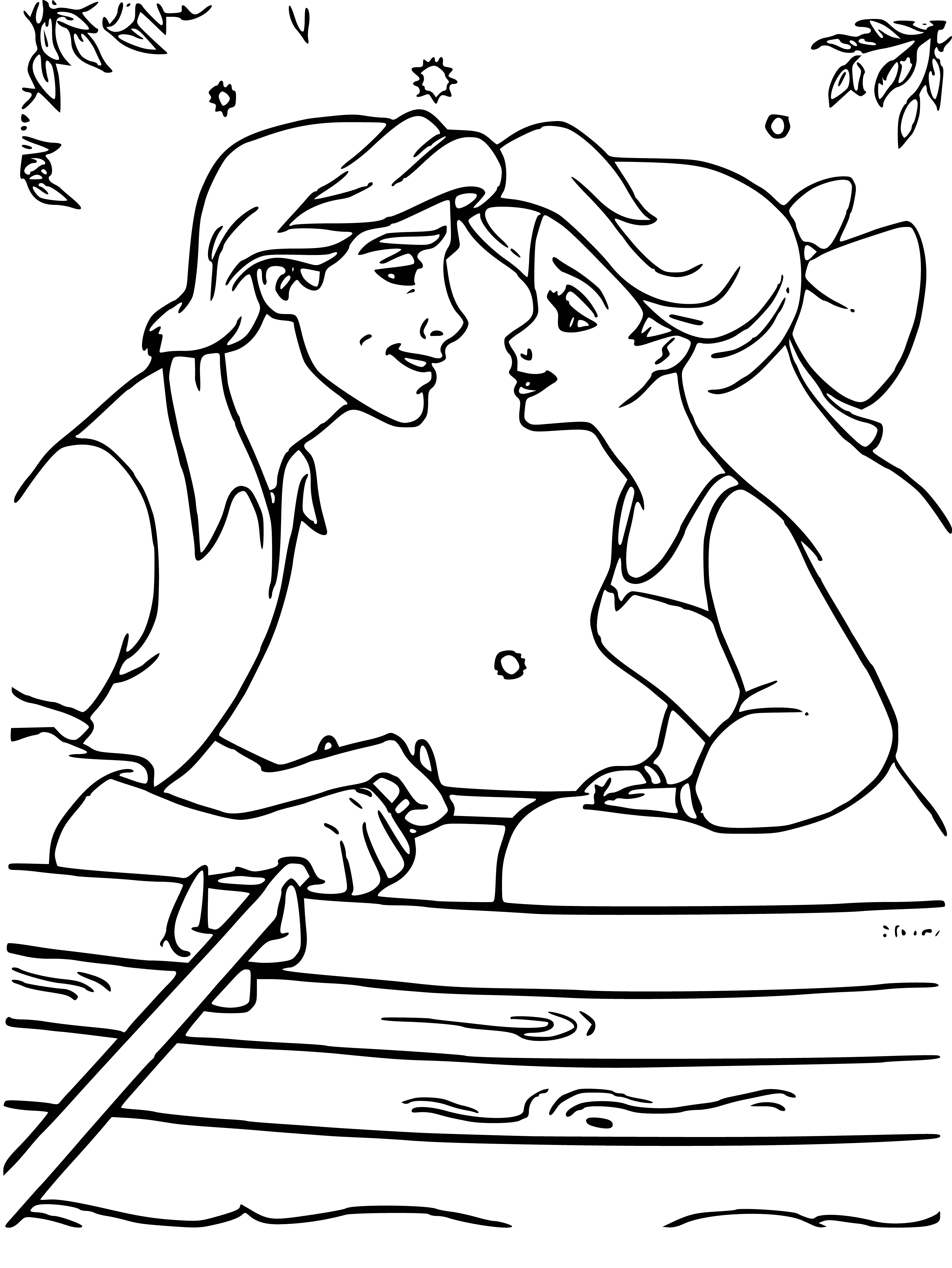 coloring page: Little girl with long hair and a tail is underwater wearing a crown and star necklace, holding a conch shell, with a shy and uncertain expression.