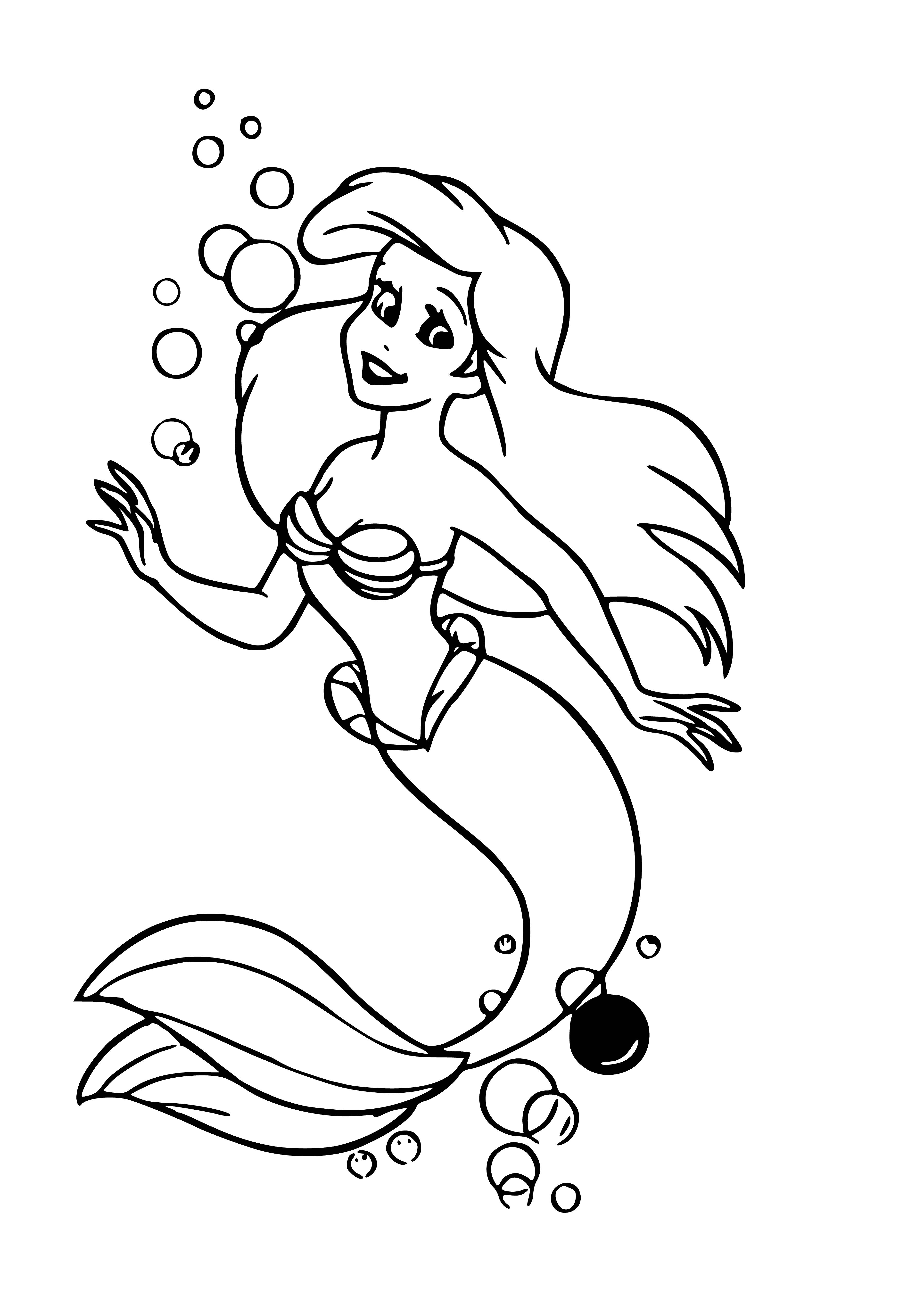 coloring page: Mermaid in center of coloring page listens to conch shell with curious expression; deep blue ocean + light blue sky, white clouds, and distant ship.