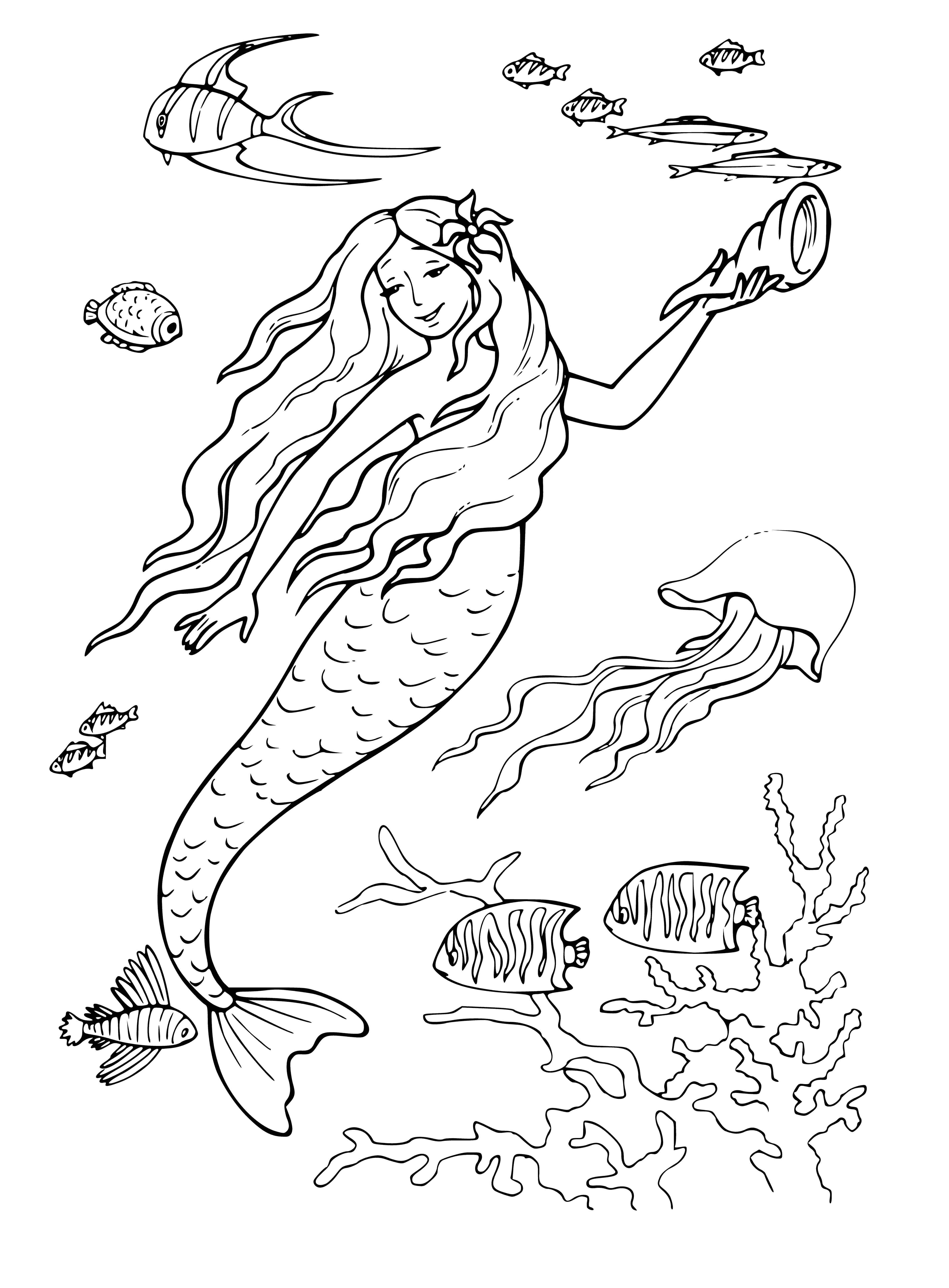 coloring page: Mermaid swims happily in coral reef - long blonde hair, beautiful tail - content in her underwater world.