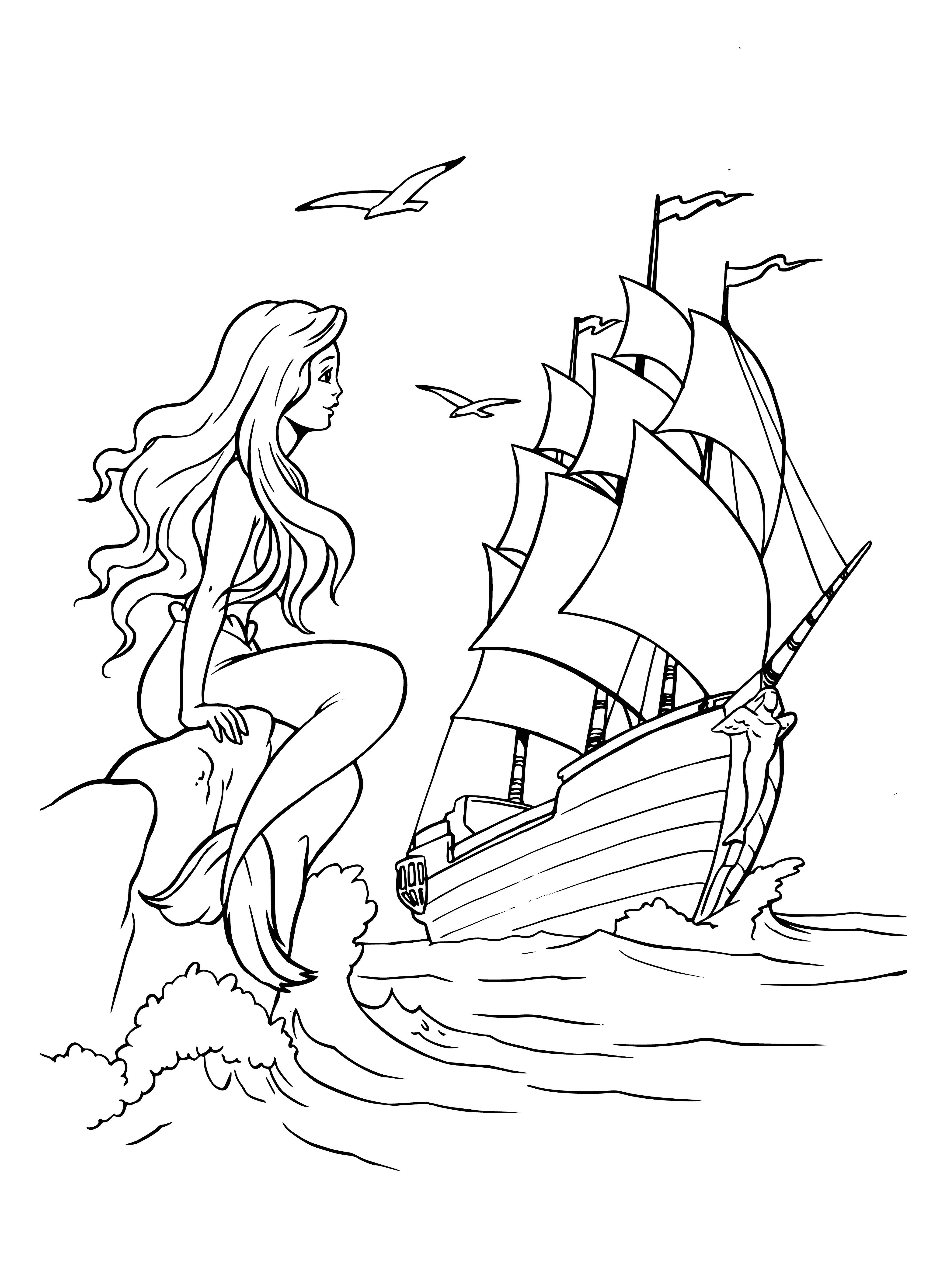 coloring page: The mermaid sits on a rock, watching a big, sail-filled ship, tears in her eyes, sad at heart.