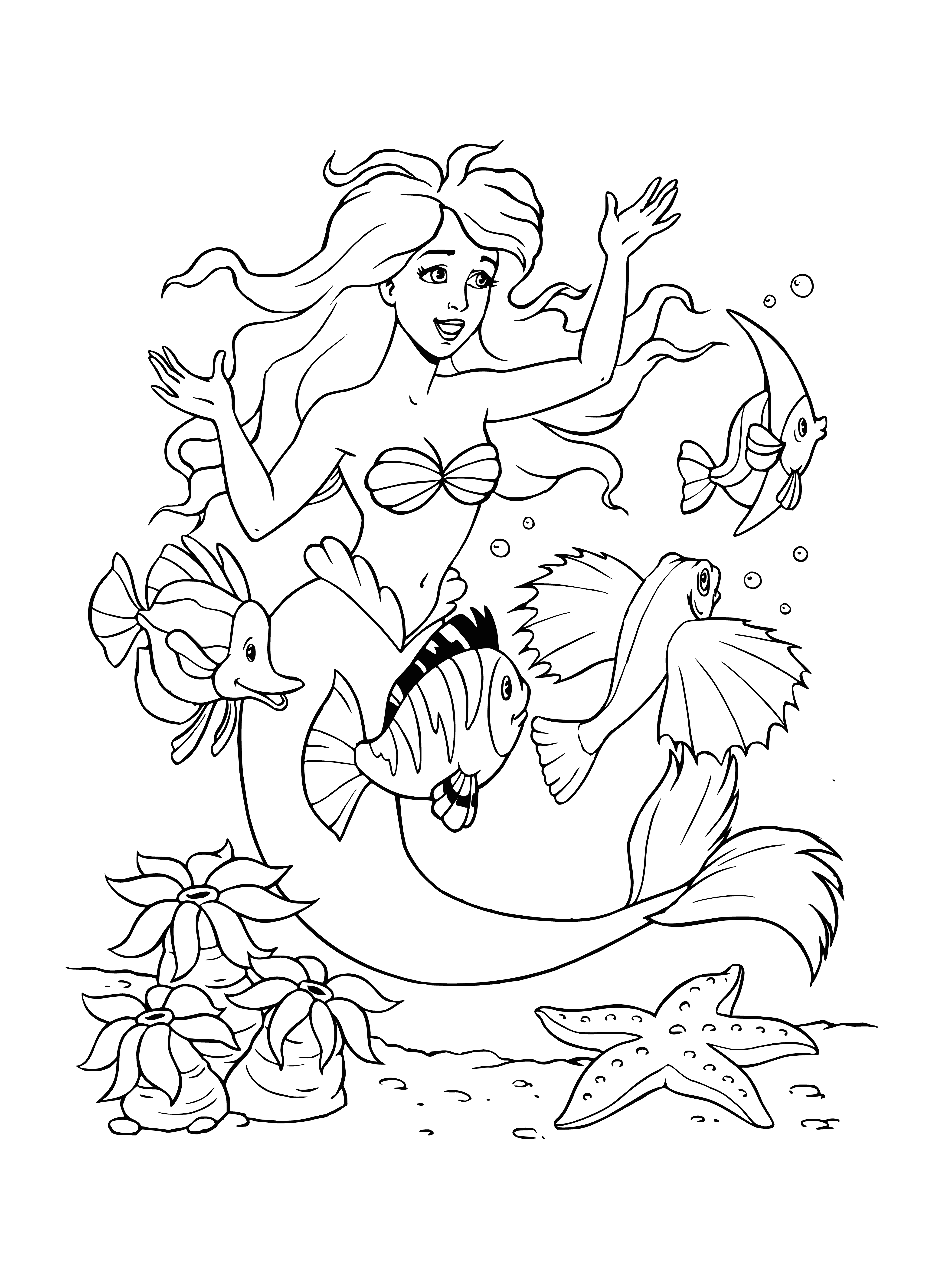 coloring page: A dark-haired woman stands on a dock looking at a large fish swimming with a large mouth and long body beneath the surface.