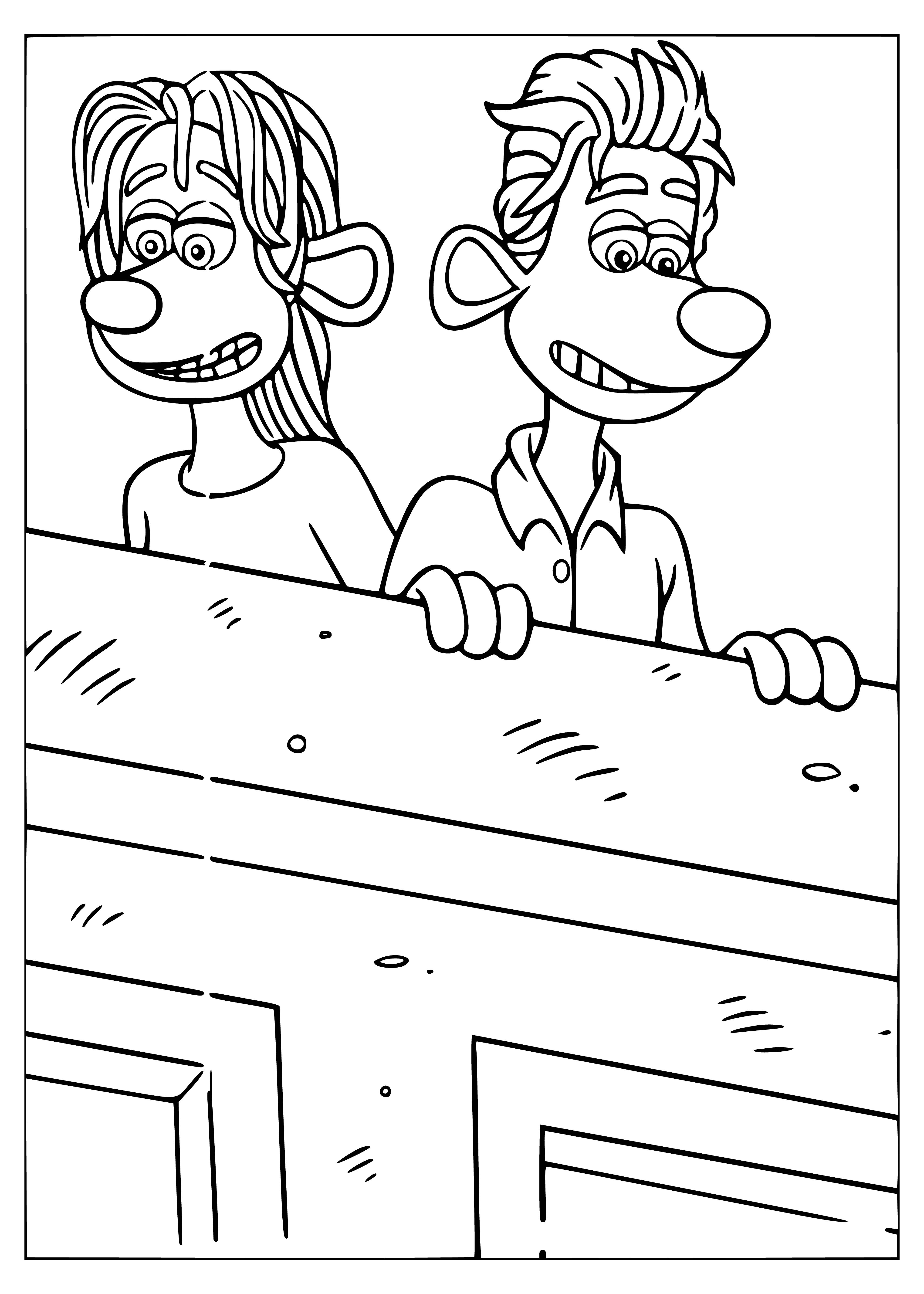 coloring page: Two rats: one standing on a log, holding a rope attached to a basket w/other rat inside.