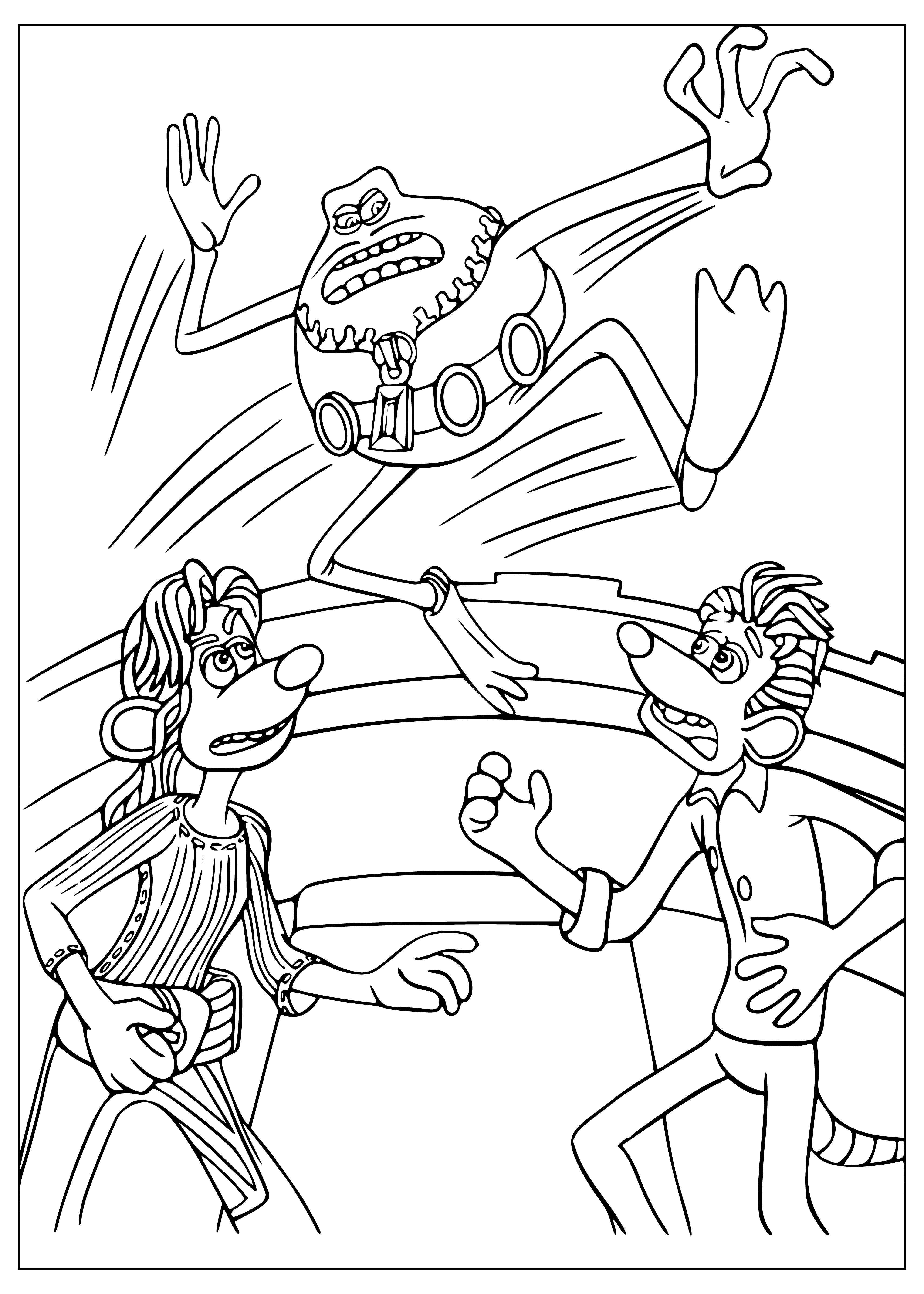 coloring page: Three characters: lily-pad Toad, pink-nosed Rita, black-eyed Roddy.
