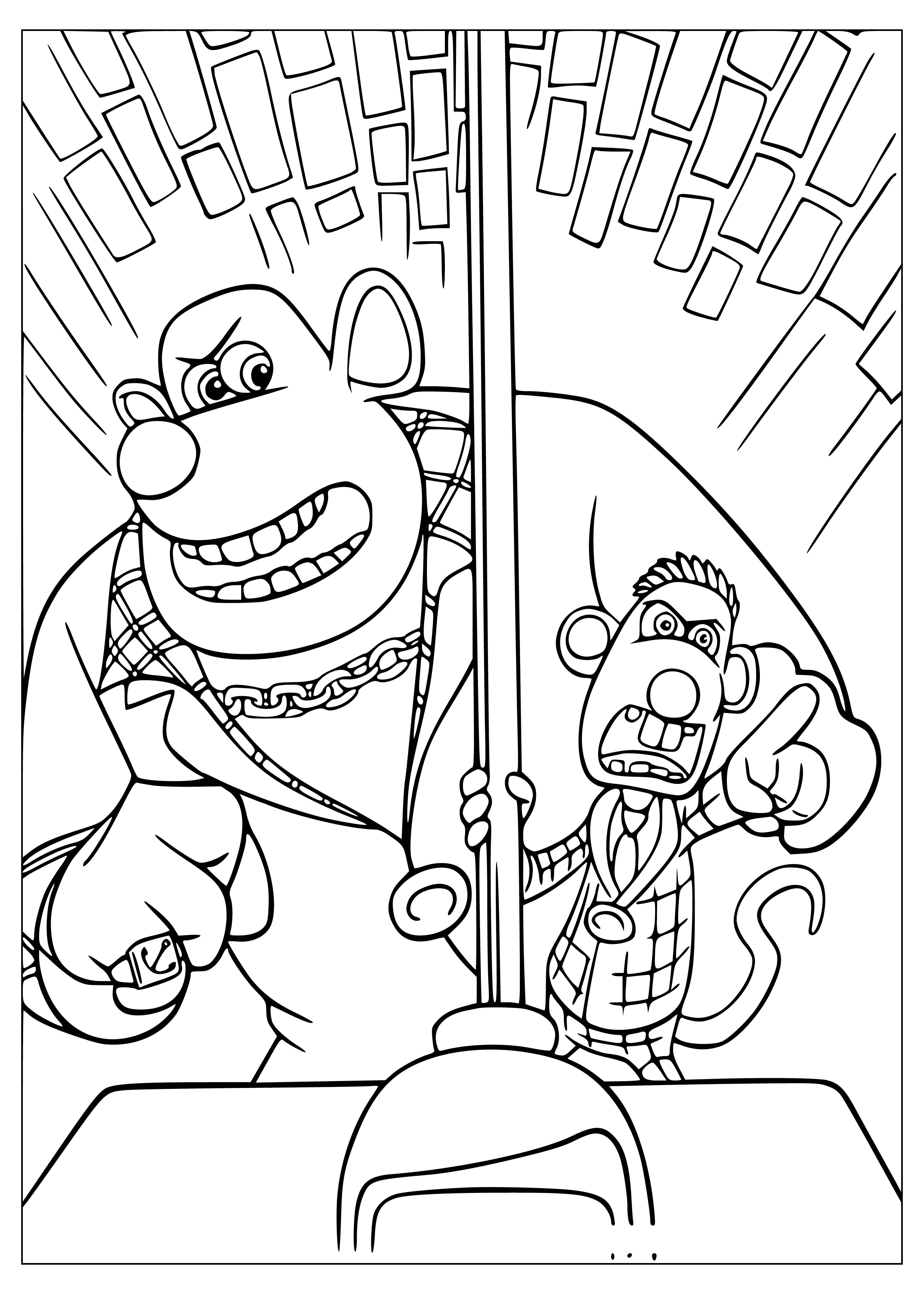 coloring page: Four rats in a flushed away sewer wearing clothes & bandanas, each looking in a different direction & showing teeth.