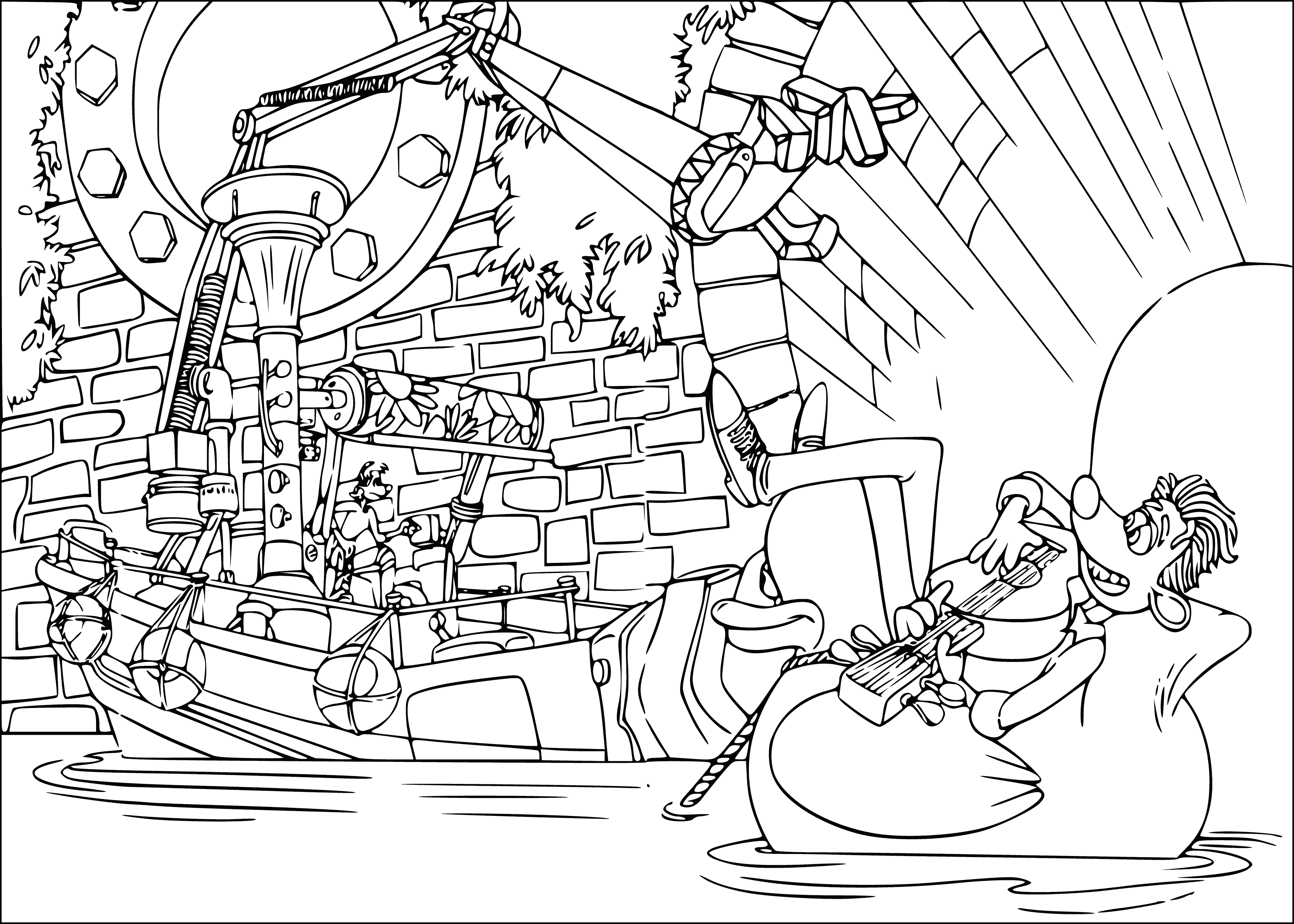 coloring page: Roddy plays his guitar on a stage, Mohawk & black outfit, to a cheering crowd.