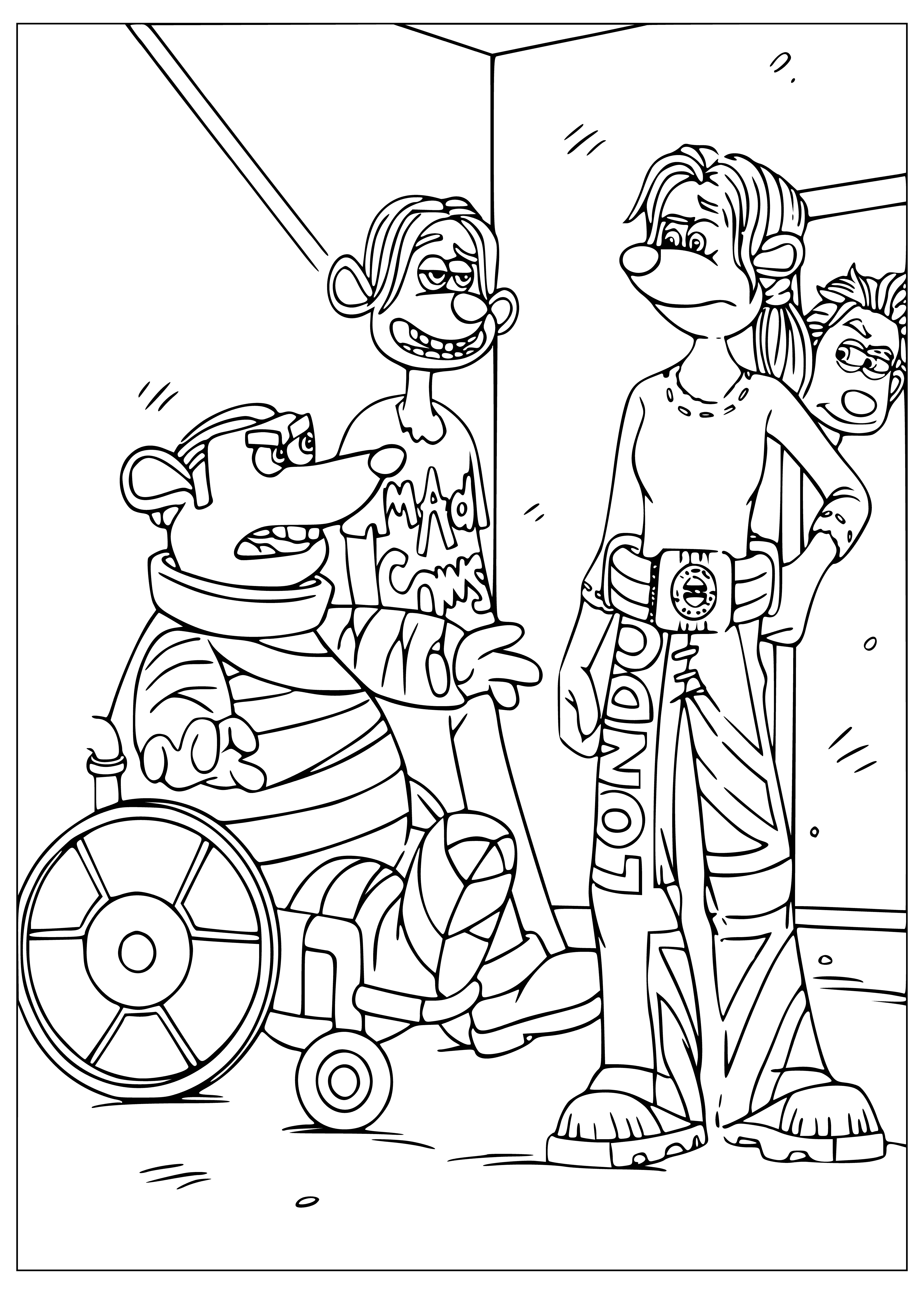 coloring page: Two rats in a scene from "Flushed Away" holding plungers, standing on large & small equipment.