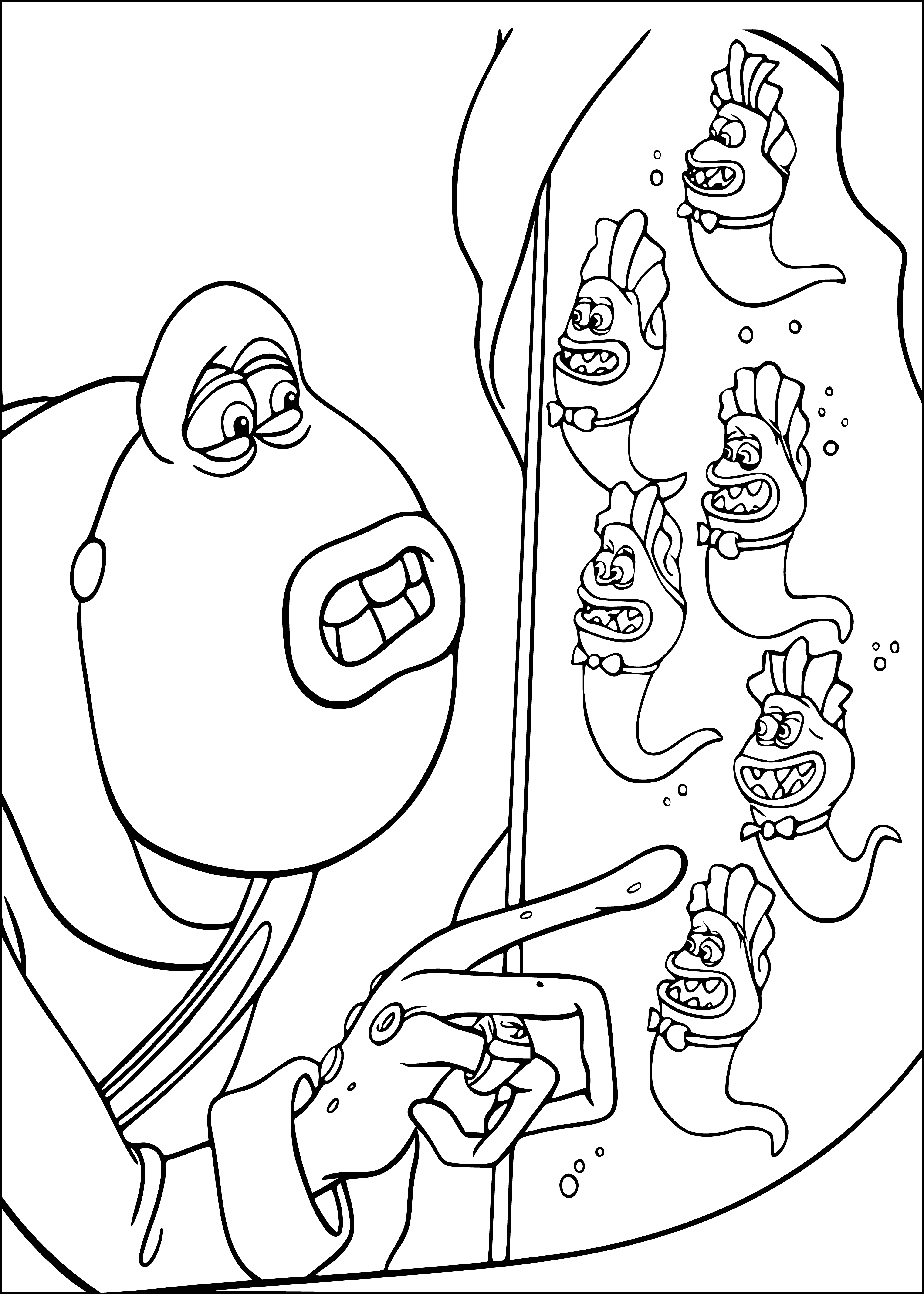 coloring page: Toad proudly holds two tadpoles, one green and one brown, in his hands.
