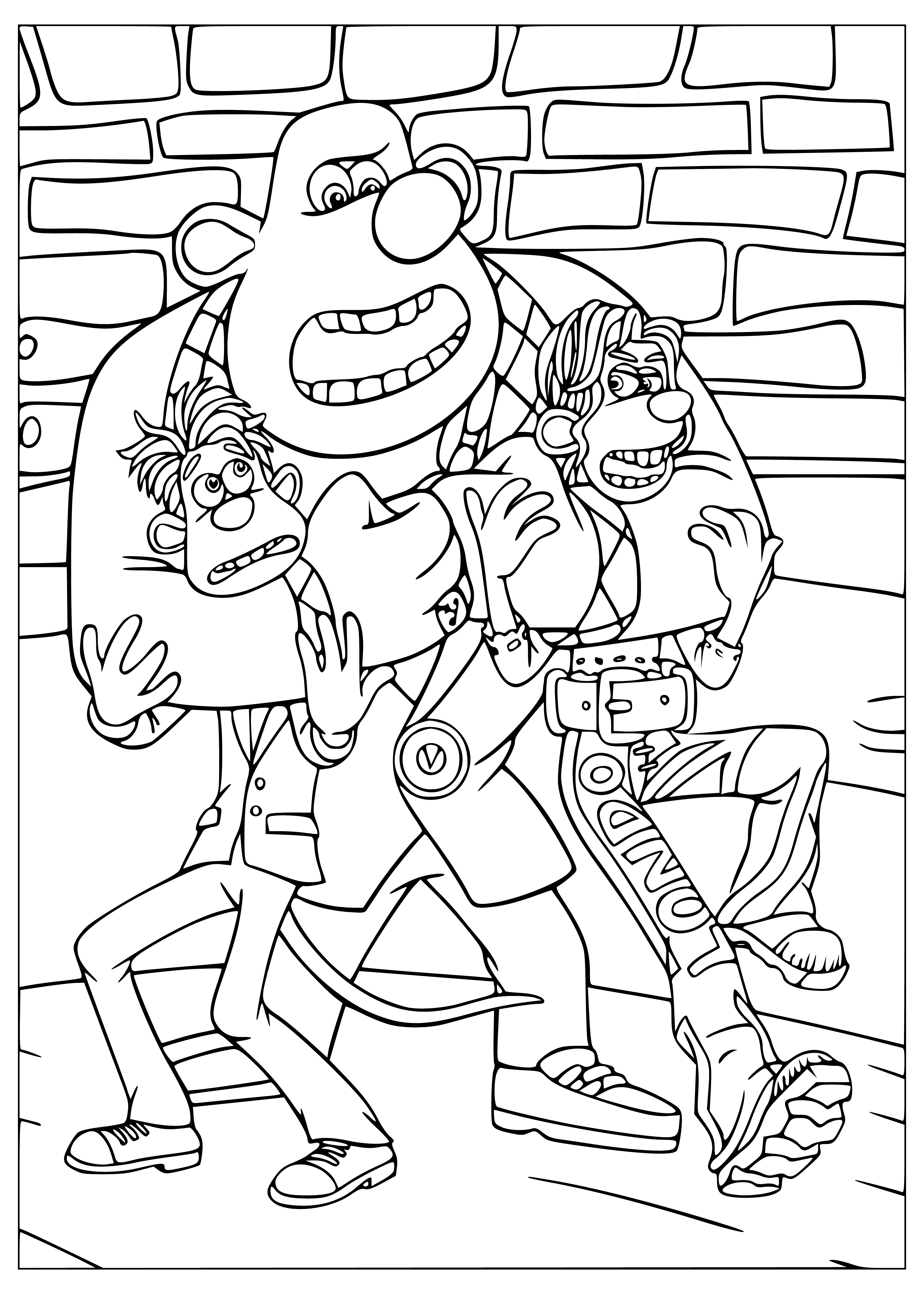coloring page: Roddy and Rita are held by mean-looking bandits with knives, feared to be in big trouble.