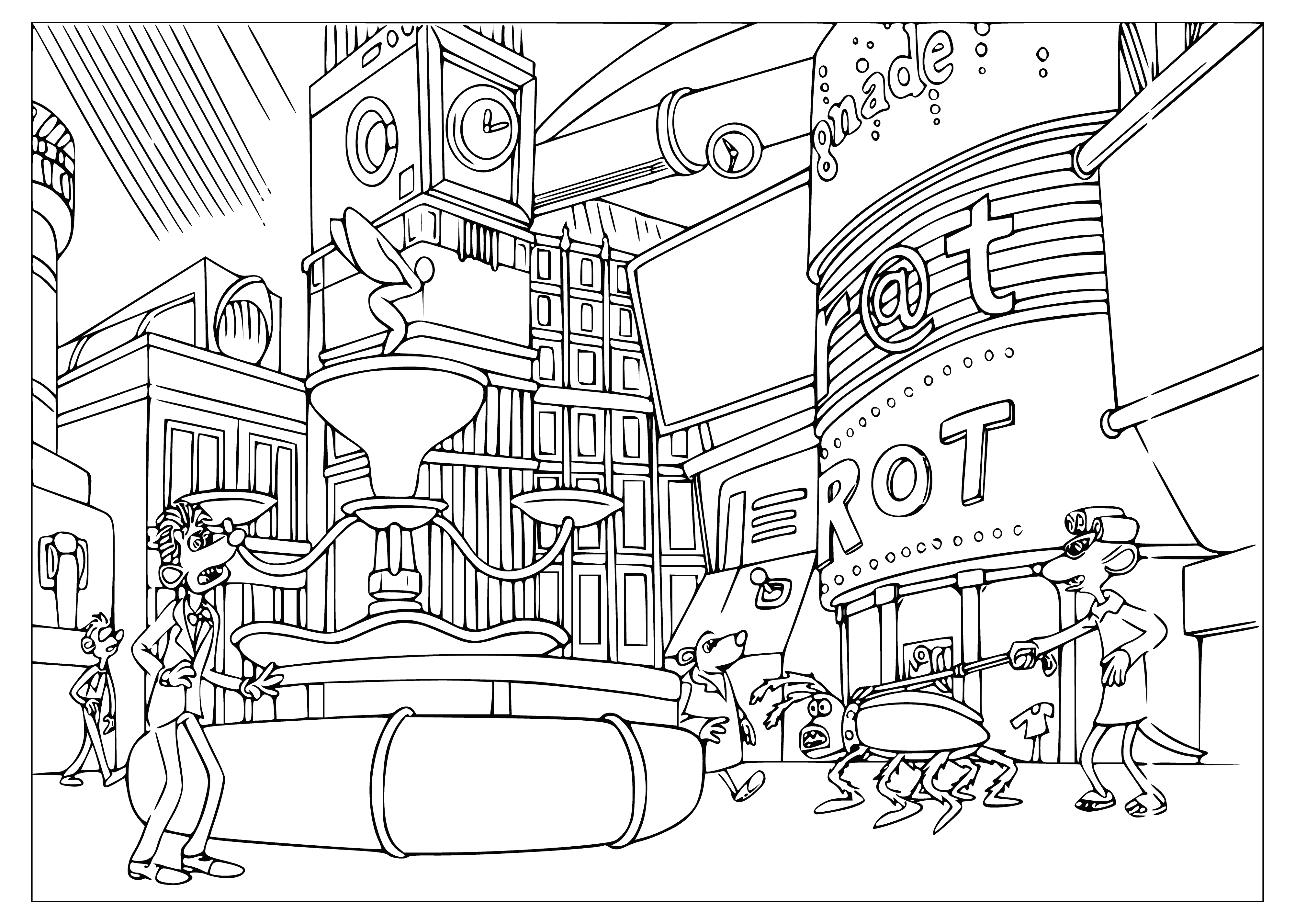 coloring page: City built of sewage, mouse & rat on left & right, deep blue sky & stars. Mouse w/flashlight, rat w/fishing rod.