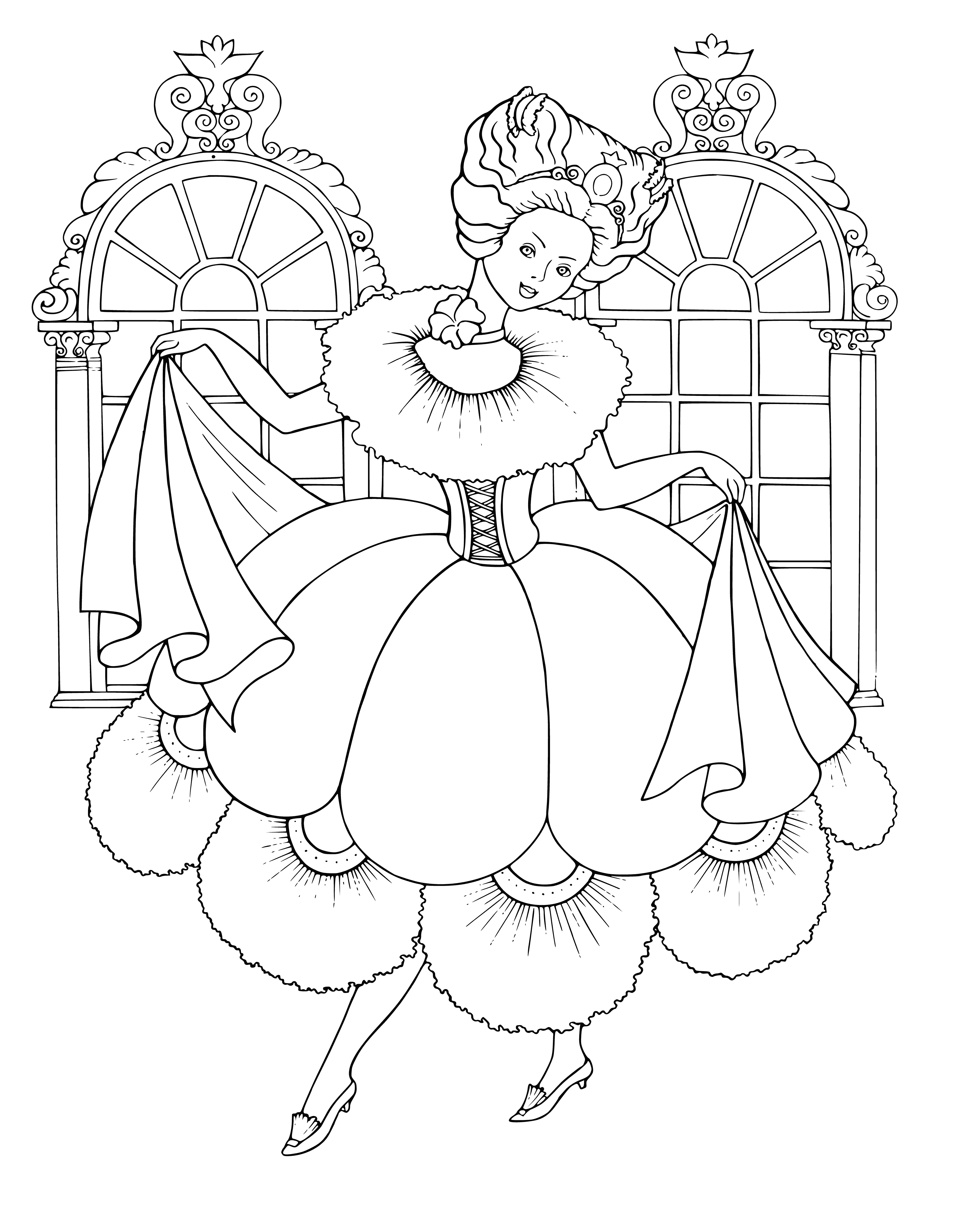 coloring page: Princess stands at ball, surrounded by people, in beautiful dress and crown; She is happy and confident. #happilyeverafter
