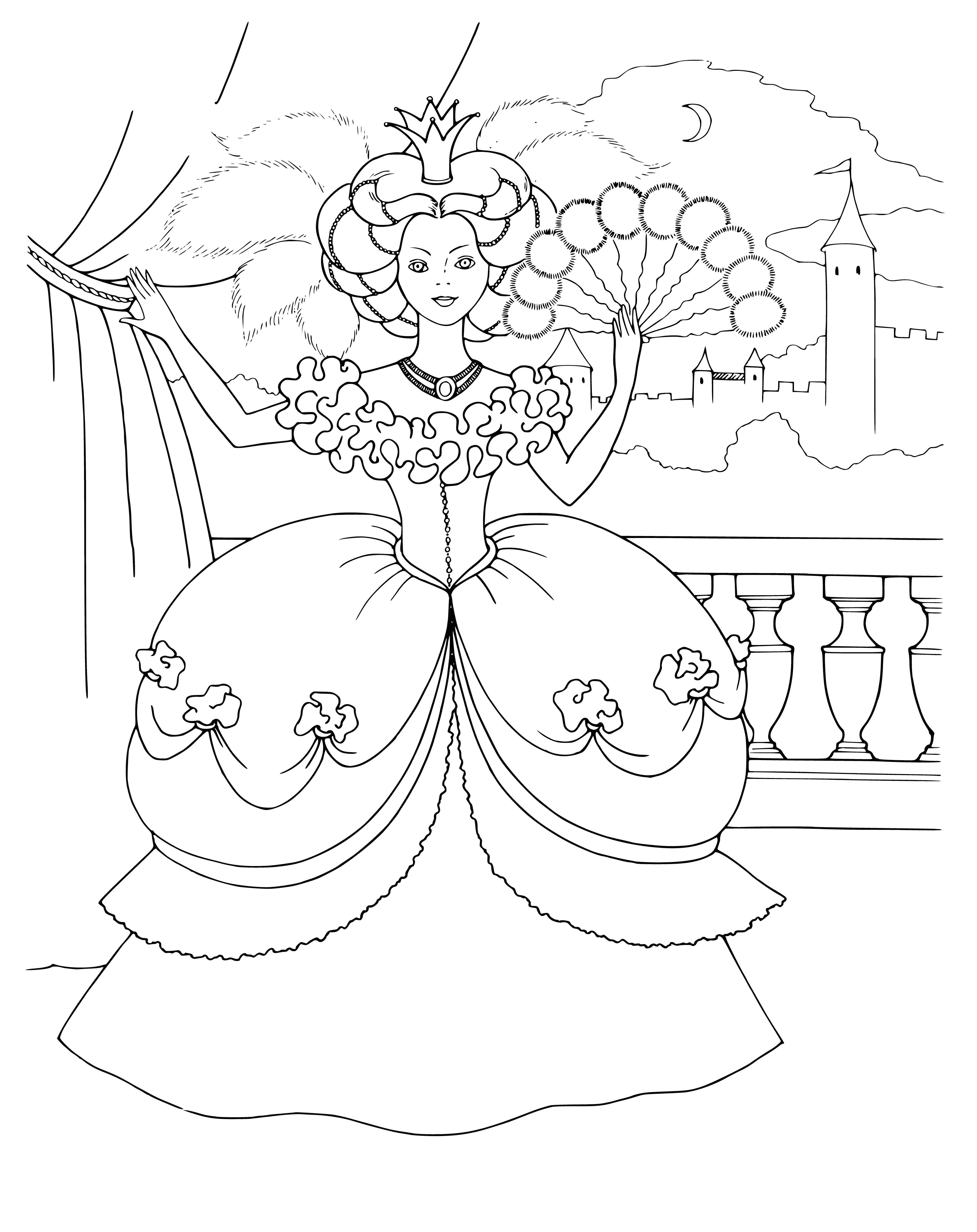 coloring page: Princess stands on balcony, wearing white dress/gold crown, arms outstretched, gazing up at sky. #coloringpage