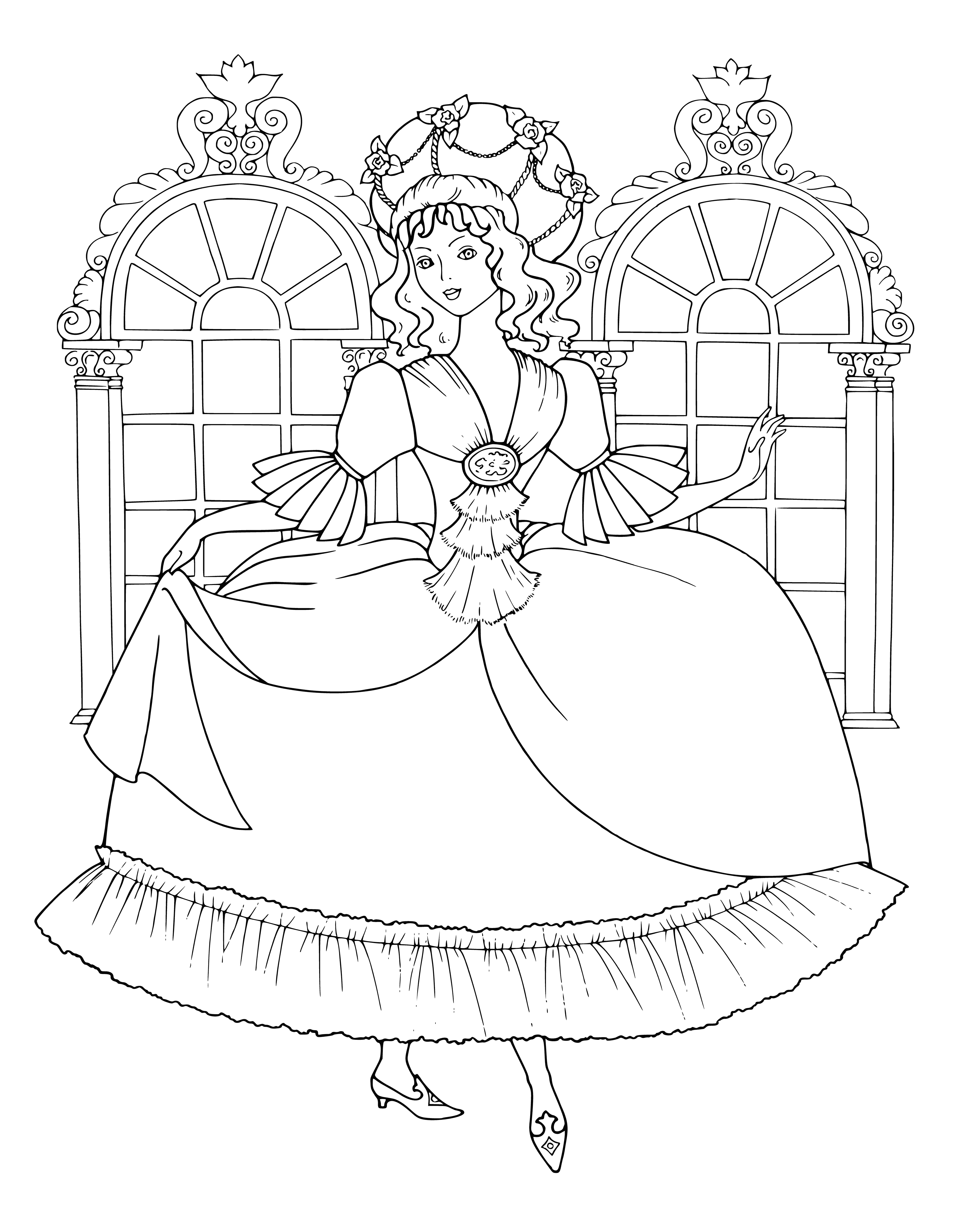 coloring page: Girl in pink dress with long, curly hair stands in front of a mirror, new shoes on, smiling with joy.