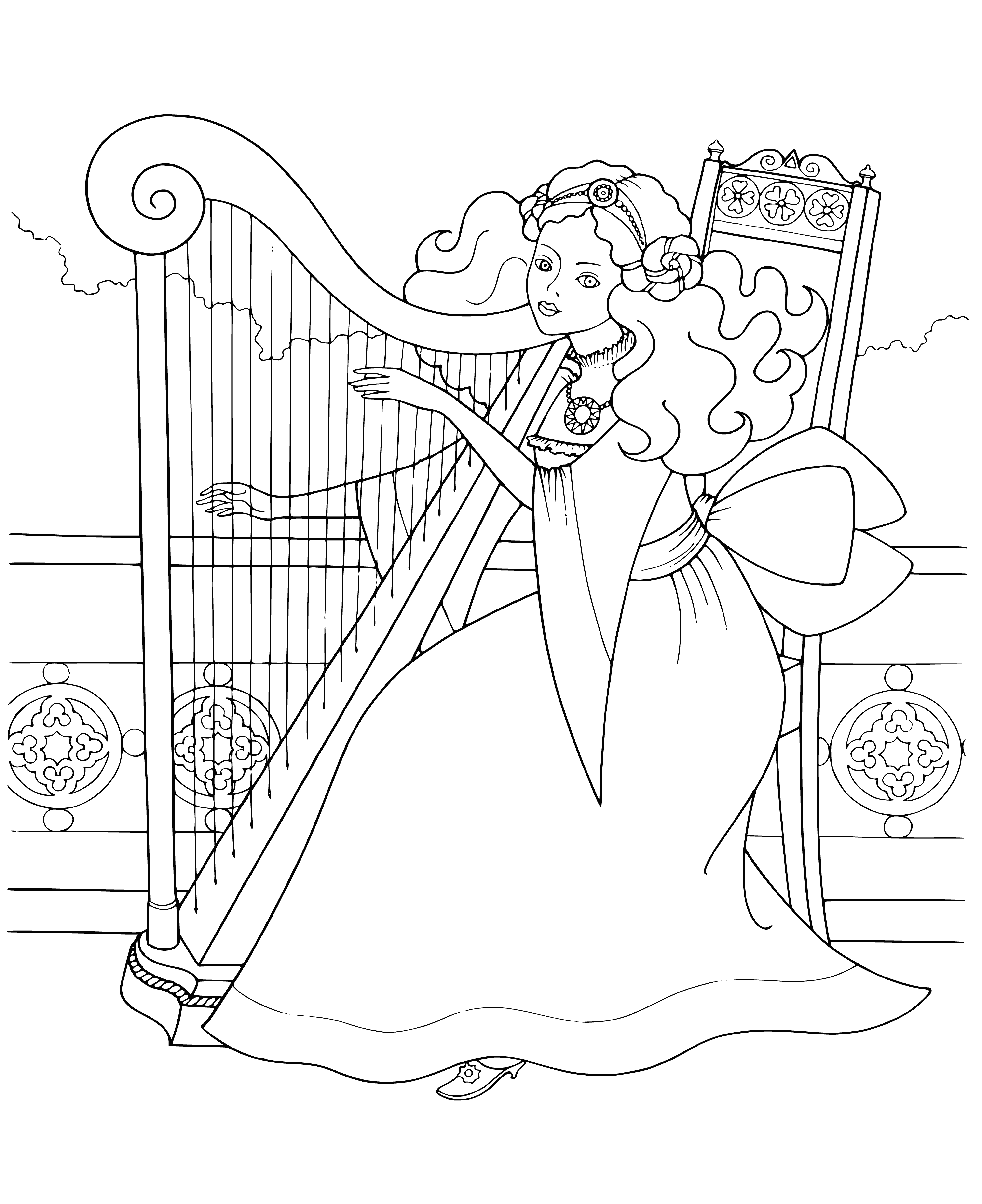 coloring page: Girl in light blue dress with a crown plays a harp while sitting on a stool. Blonde hair in a ponytail. #coloringpage