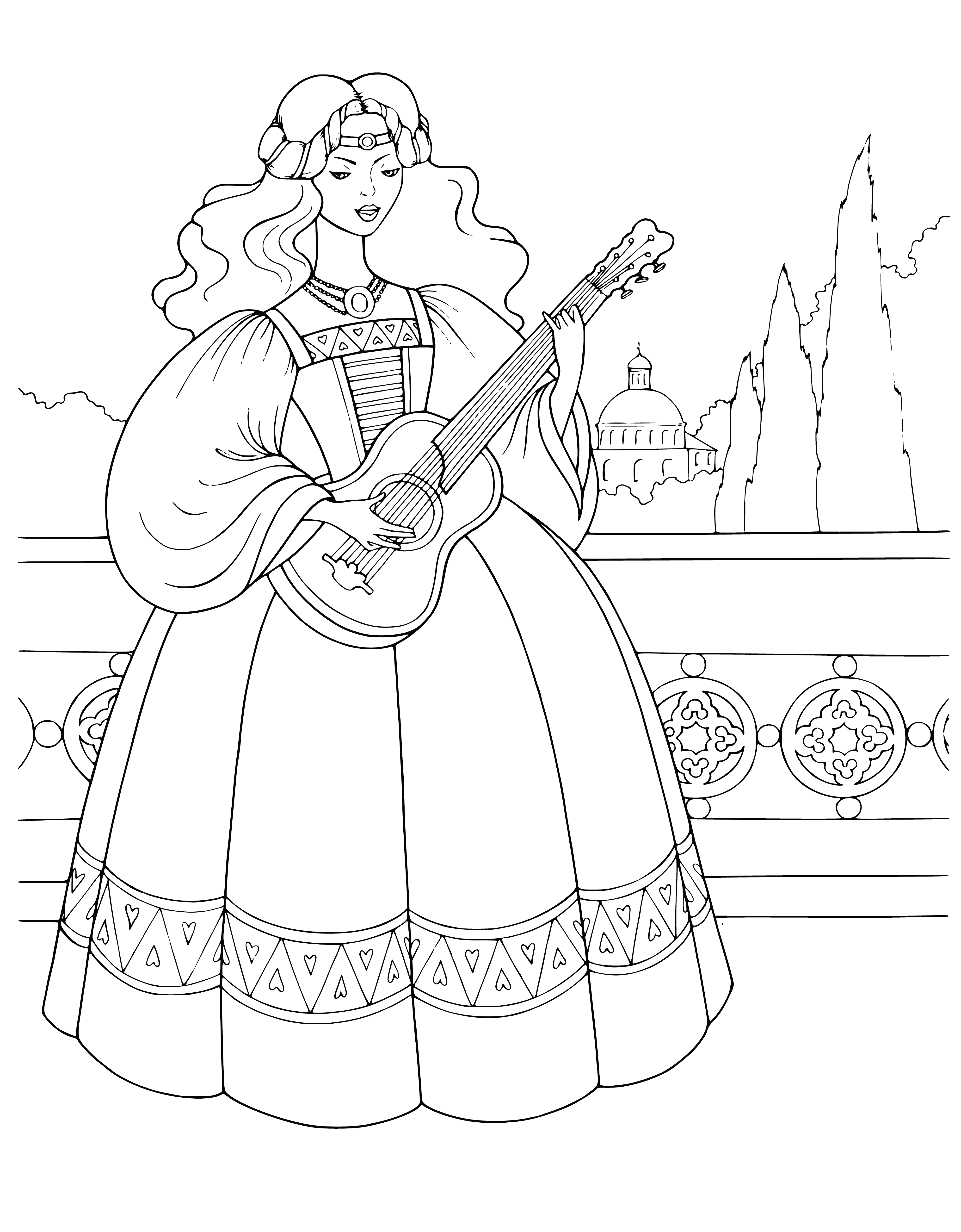 coloring page: Girl playing pink guitar in blue dress with blonde hair.
