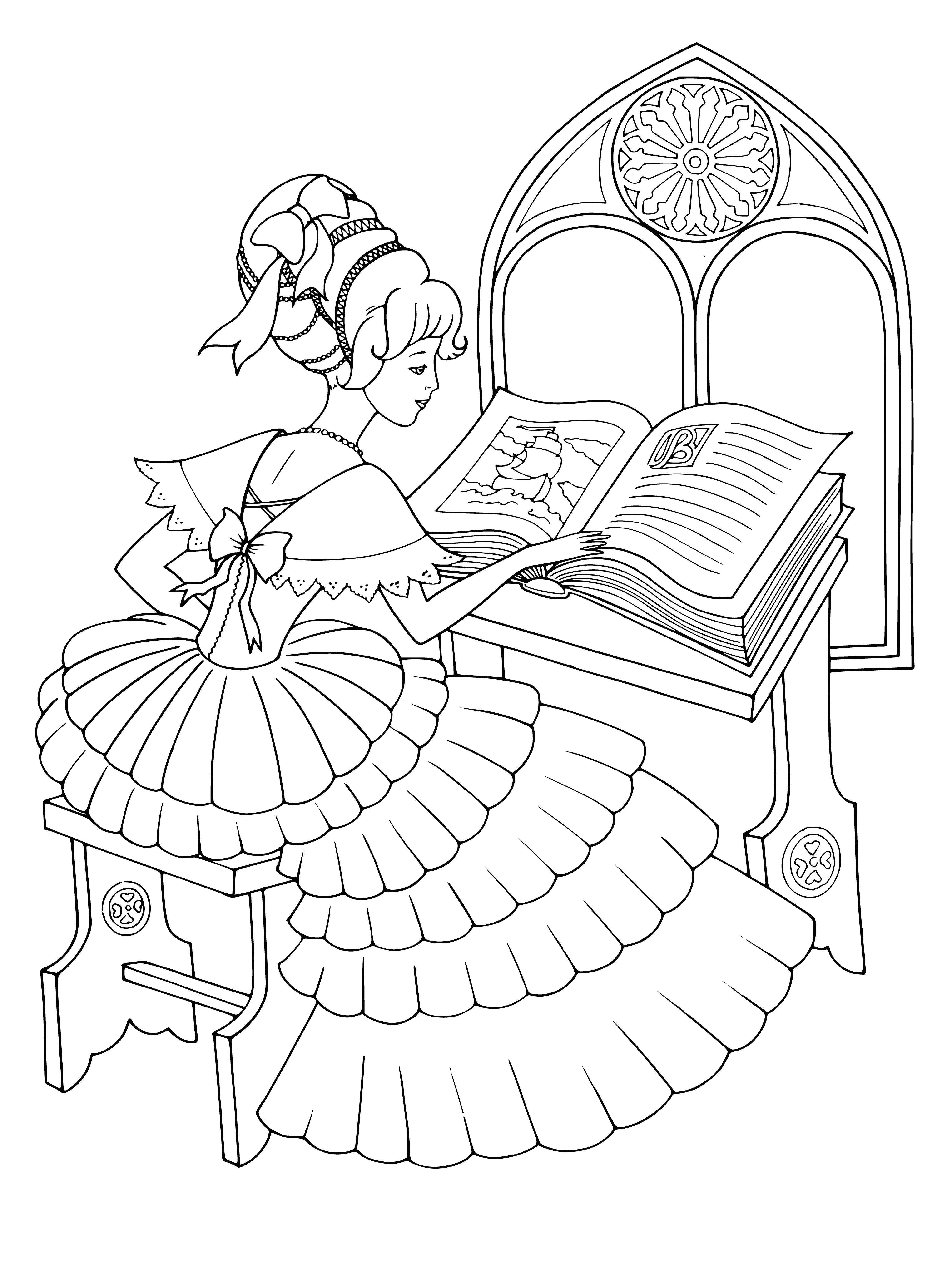 coloring page: The princess reads a book of fairy tales in her flowered dress, golden crown, and castle backdrop.