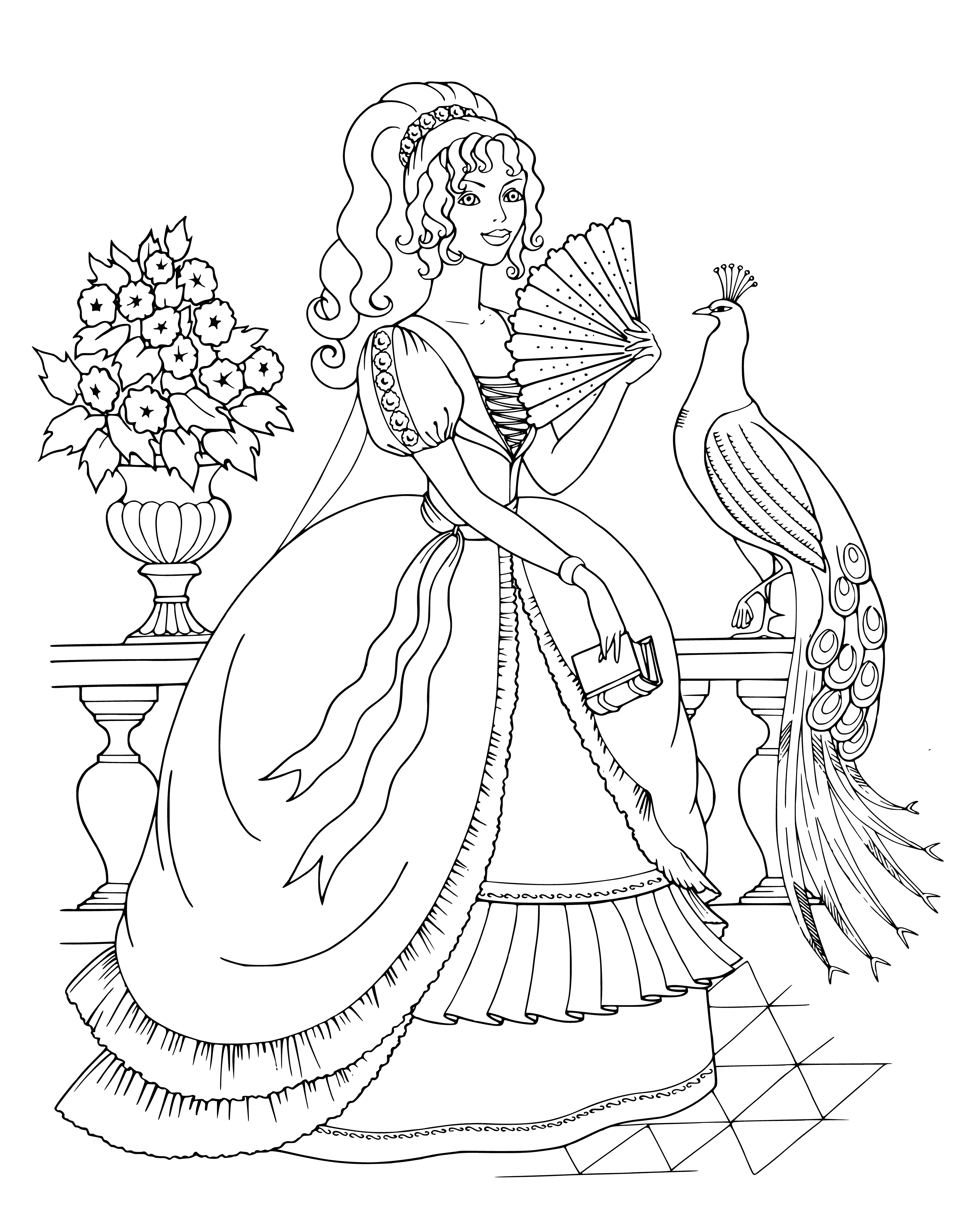 coloring page: Princess stands next to peacock in pink dress and bow, holding pink umbrella.