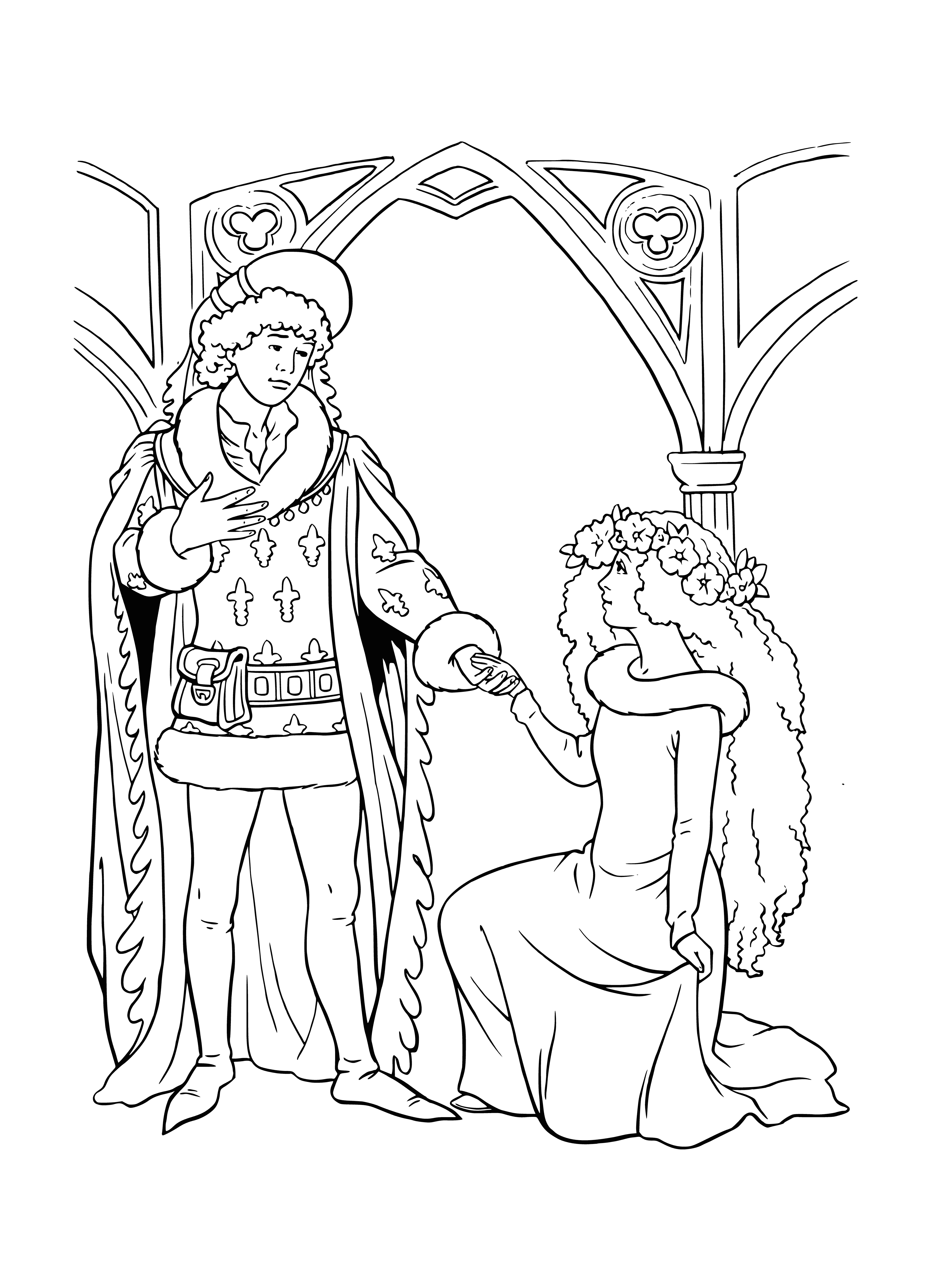 coloring page: --> Prince & princess in coloring page stand/sit w/ swords/flowers; both wear crowns.