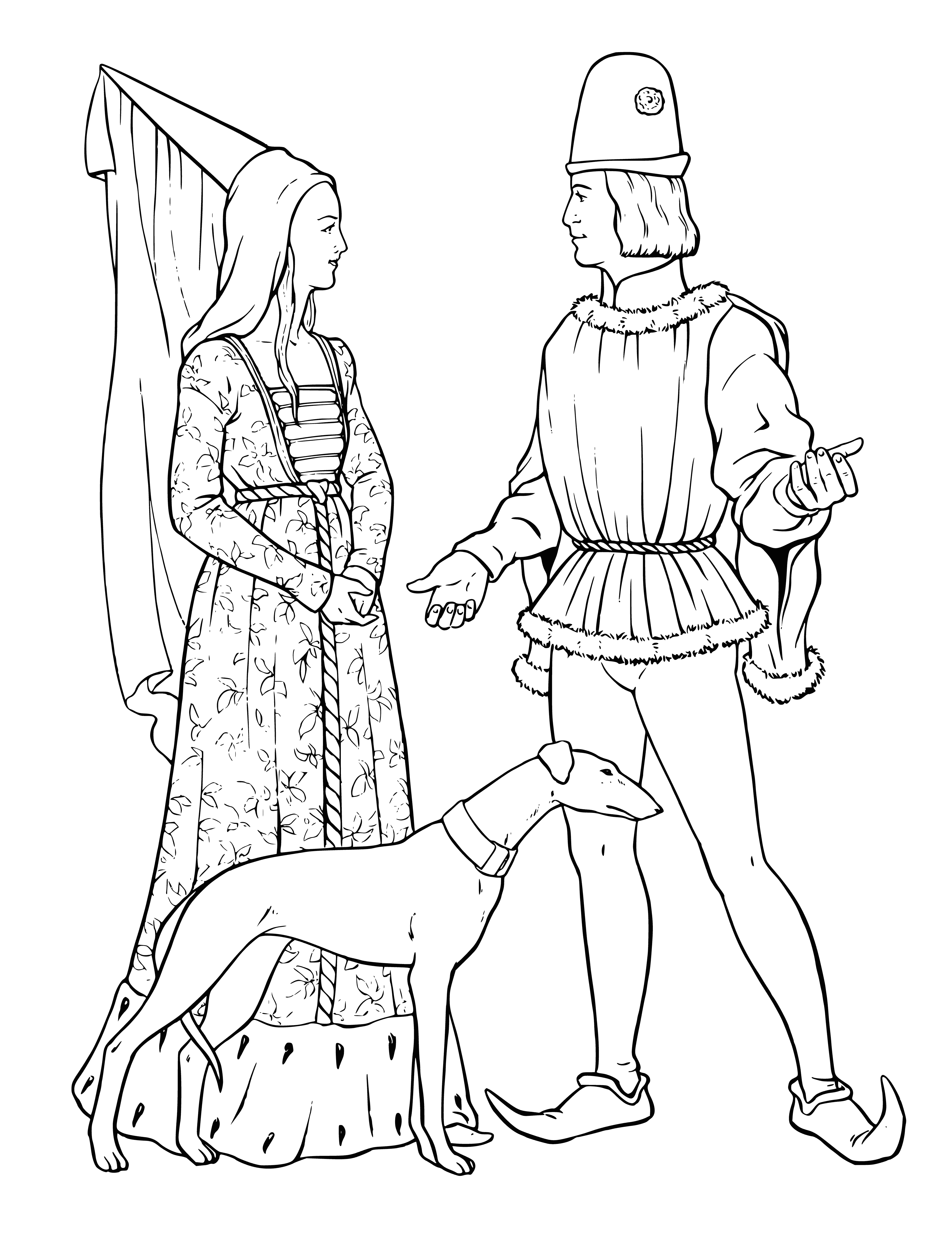 coloring page: The princess and prince stand together, happy and in love. She wears a white dress, blue sash; he wears a dark blue suit, white shirt, red tie. Hand on waist, hand on arm, they smile.