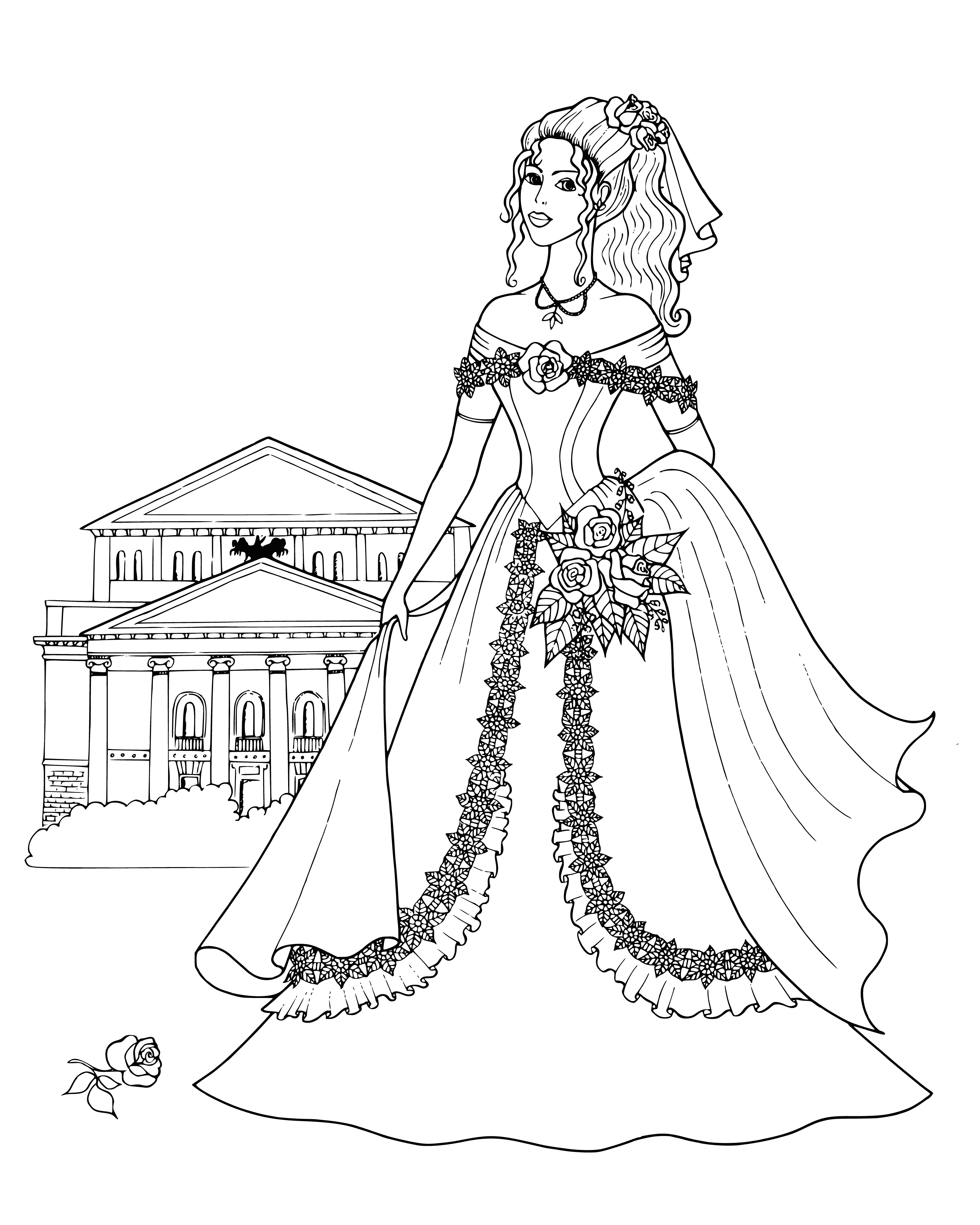 coloring page: Princess holds bouquet, wears white dress & crown, has blonde hair & blue eyes.