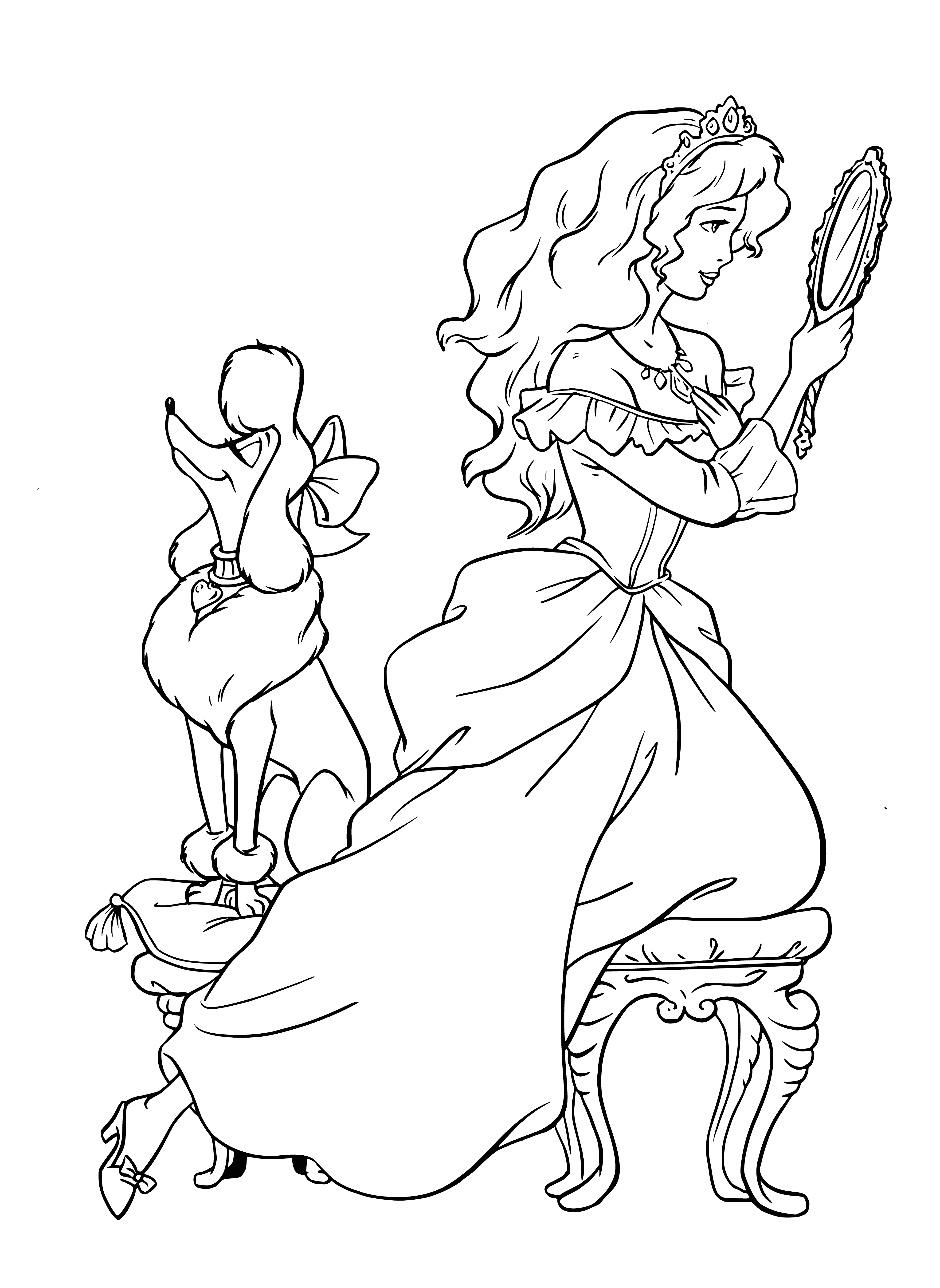 coloring page: Princess in center of coloring page wears puffed-sleeved dress, necklace of pearls and diamond tiara, holding a black cat. #coloringpages