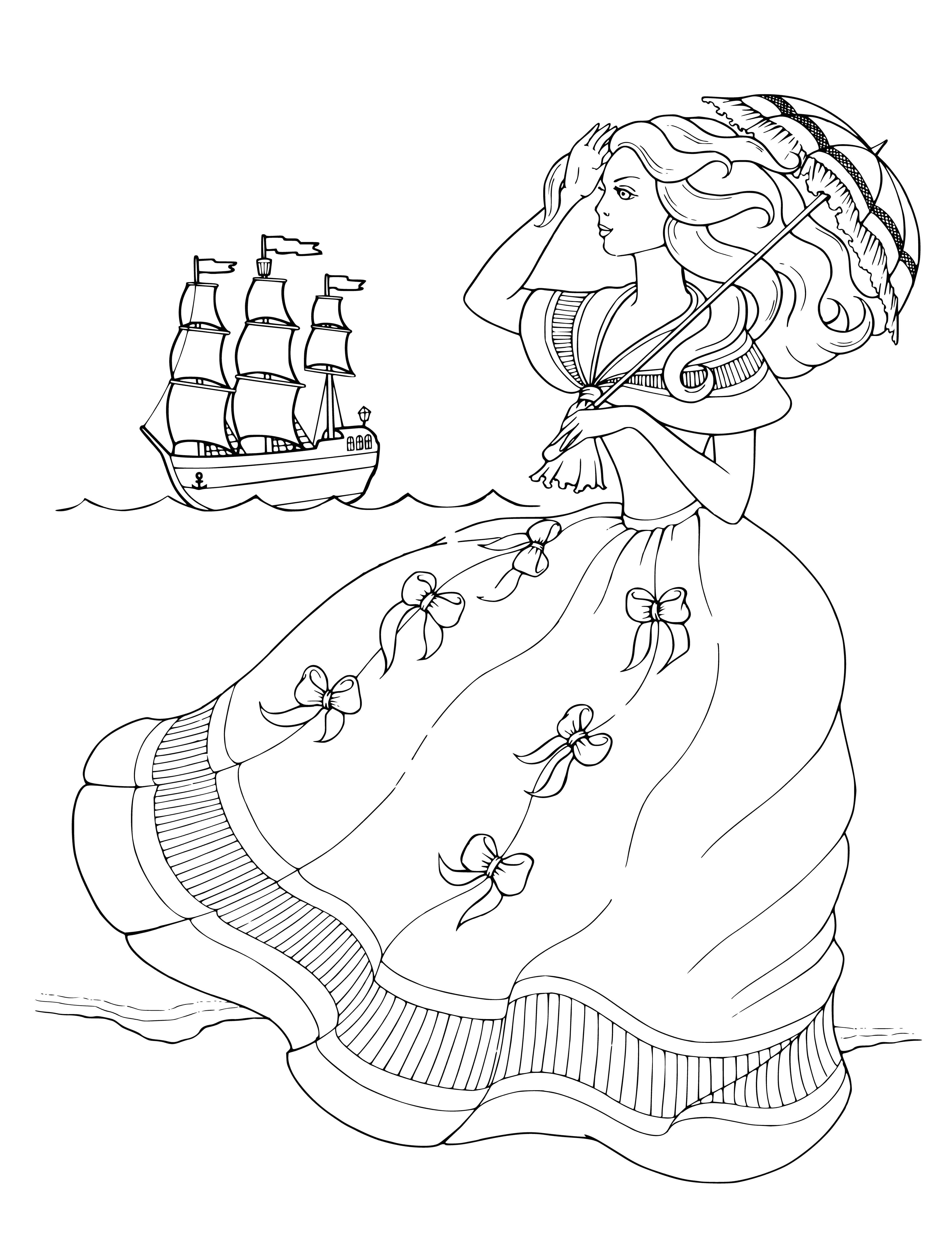 coloring page: Girl standing on beach wearing white dress, crown of flowers, listening to conch shell.