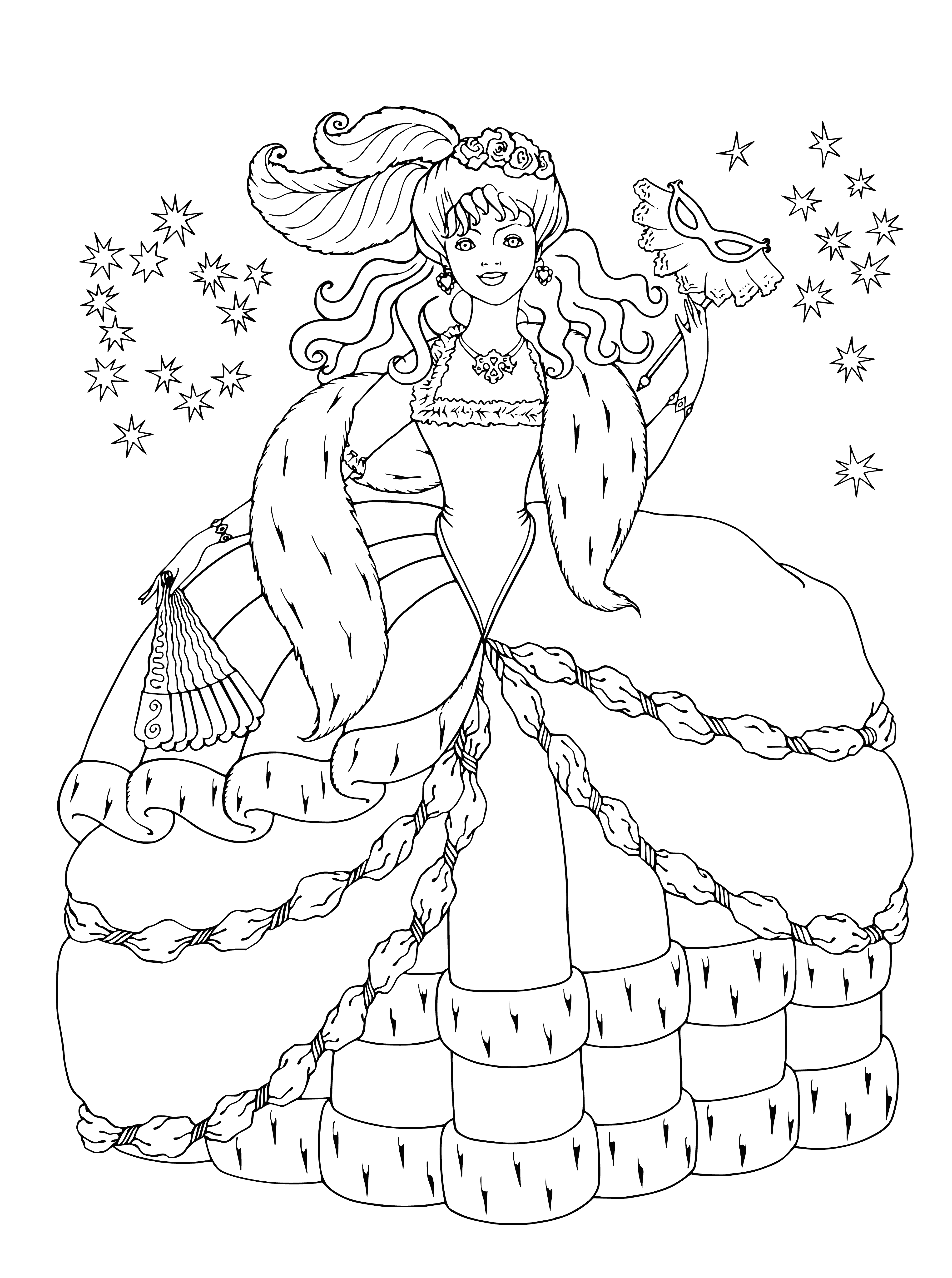 coloring page: Princess at a ball wearing white dress & crown, holding flowers in left hand. Sash reads "Princess".