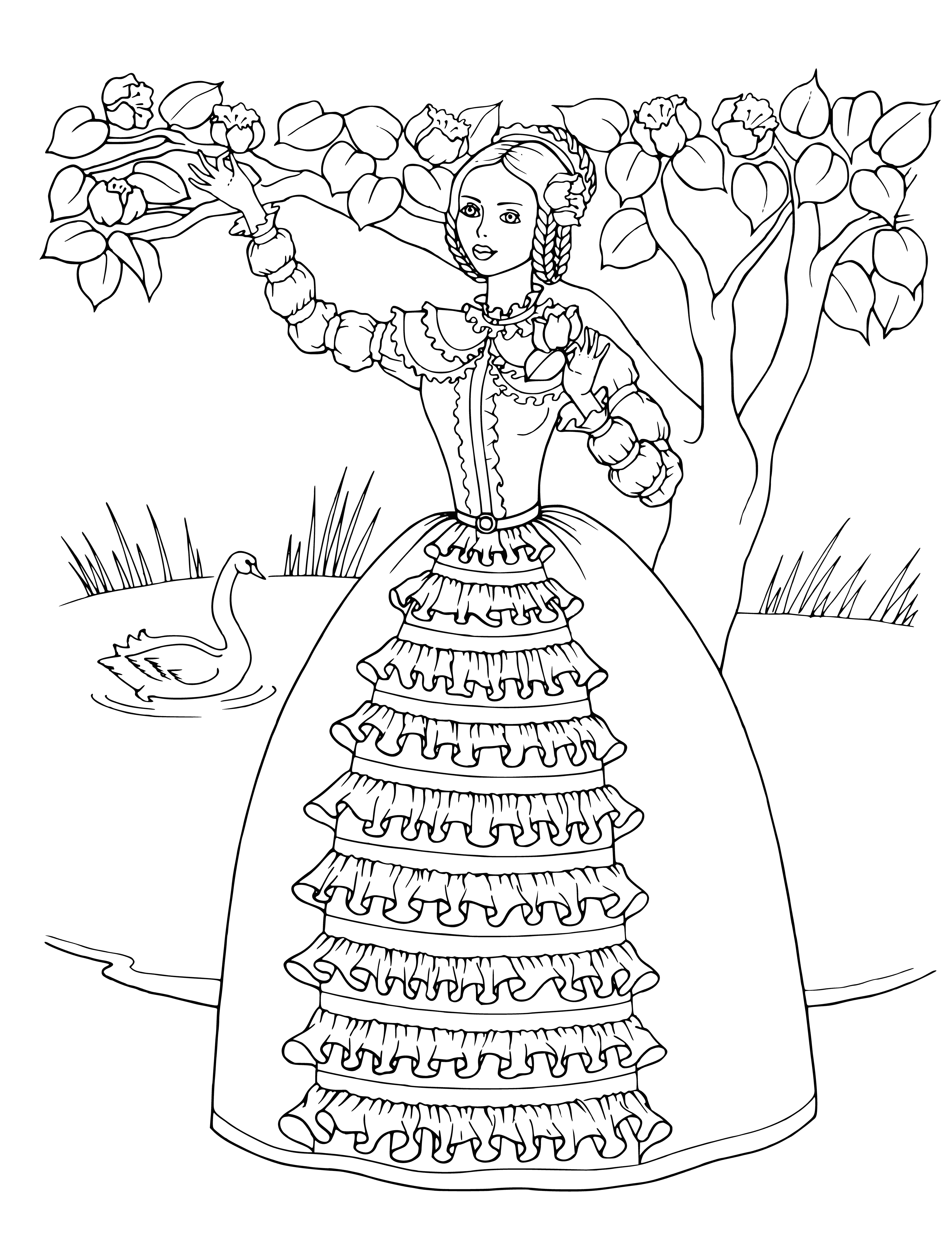 coloring page: Young woman in diaphanous gown seated in garden among flowers; putto holds roses, she wears pearl jewelry & has serene expression.