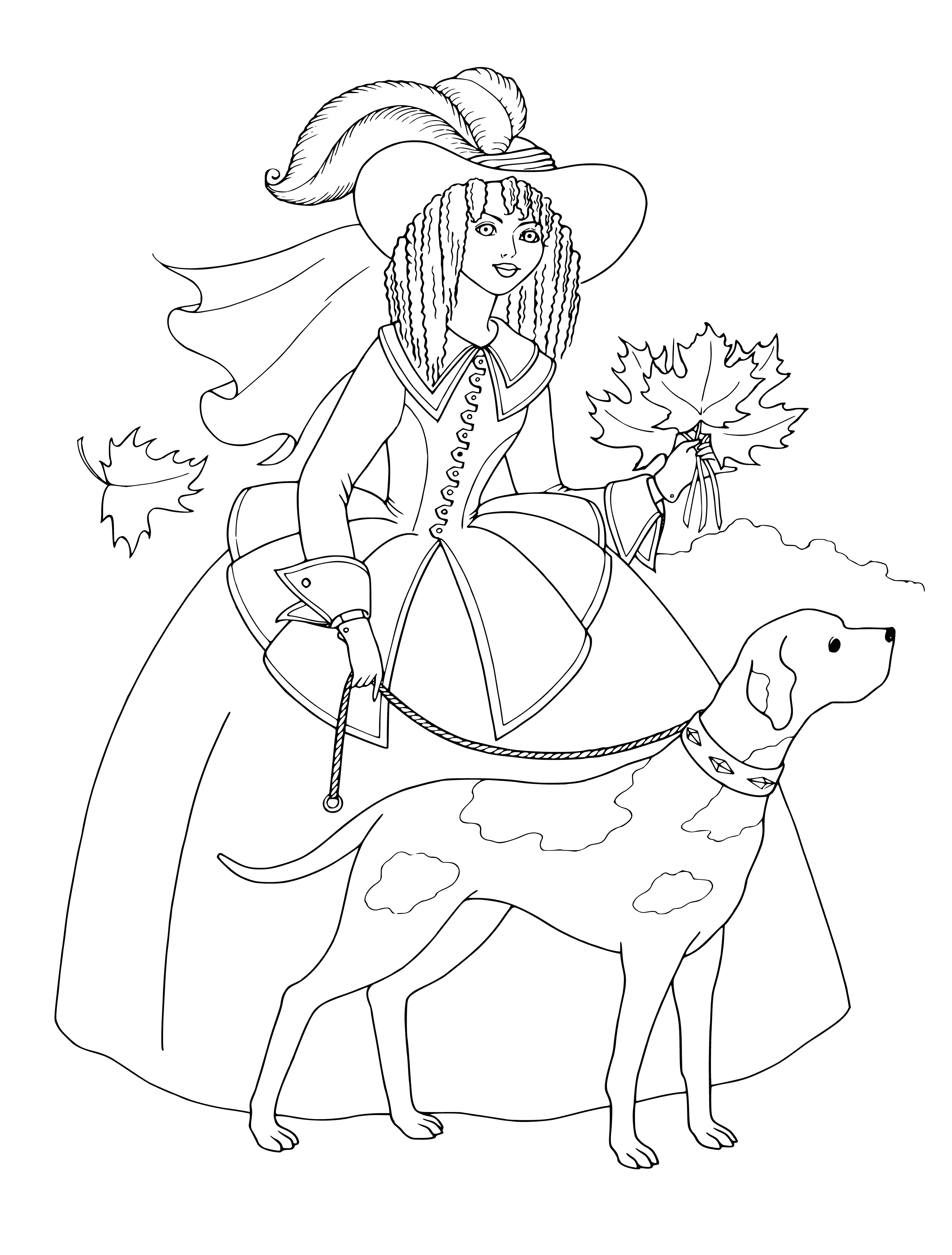 coloring page: Girl in blue dress w/ white cape & tiara walking in field w/ a white & black spotted dog on a leash.