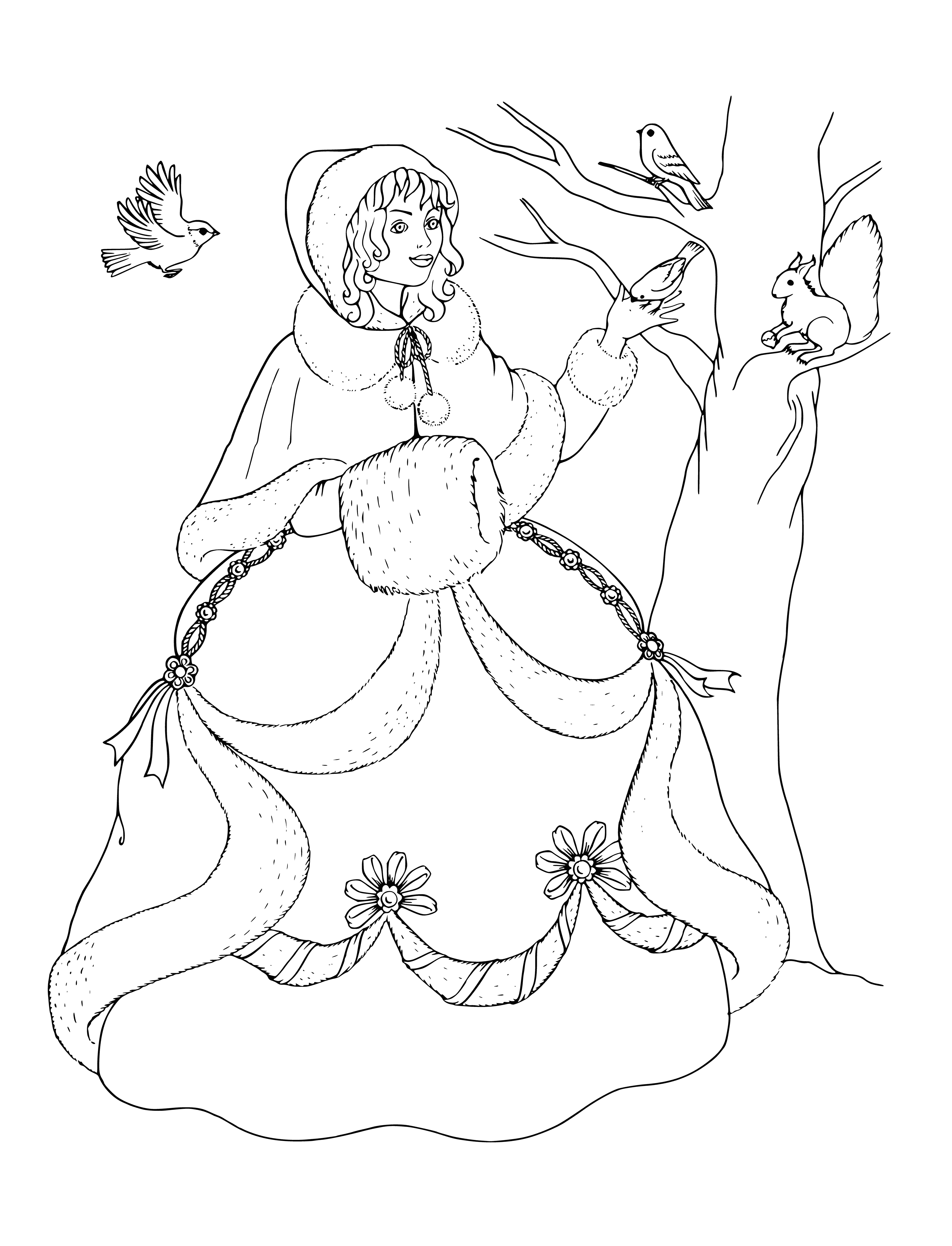 coloring page: Princess stands on hill in snow, wearing white dress & blue cape, crowned.
