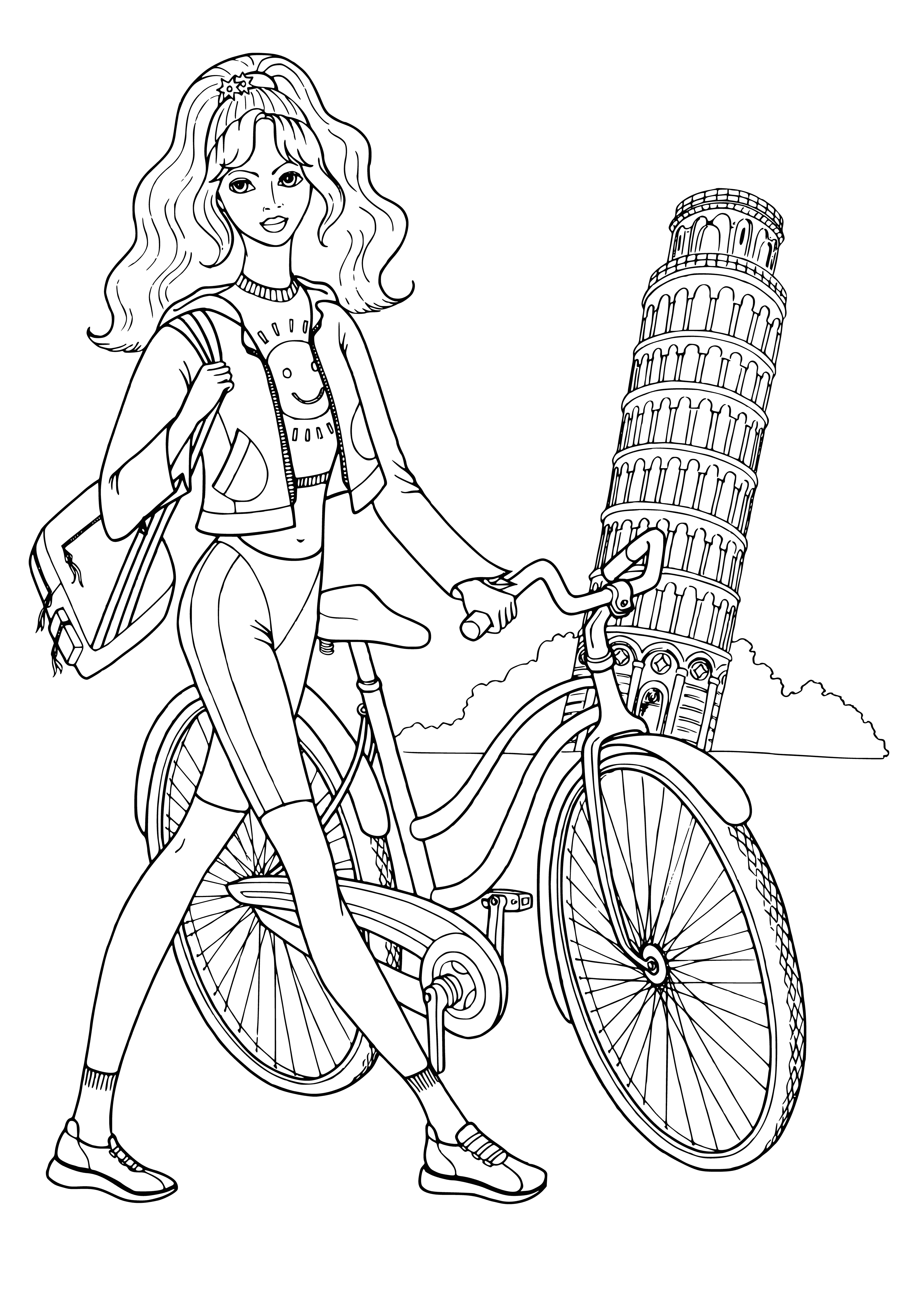 coloring page: Fashion girl sits on a bike with crossed legs, wearing dress & heels, her hair blowing in the wind.