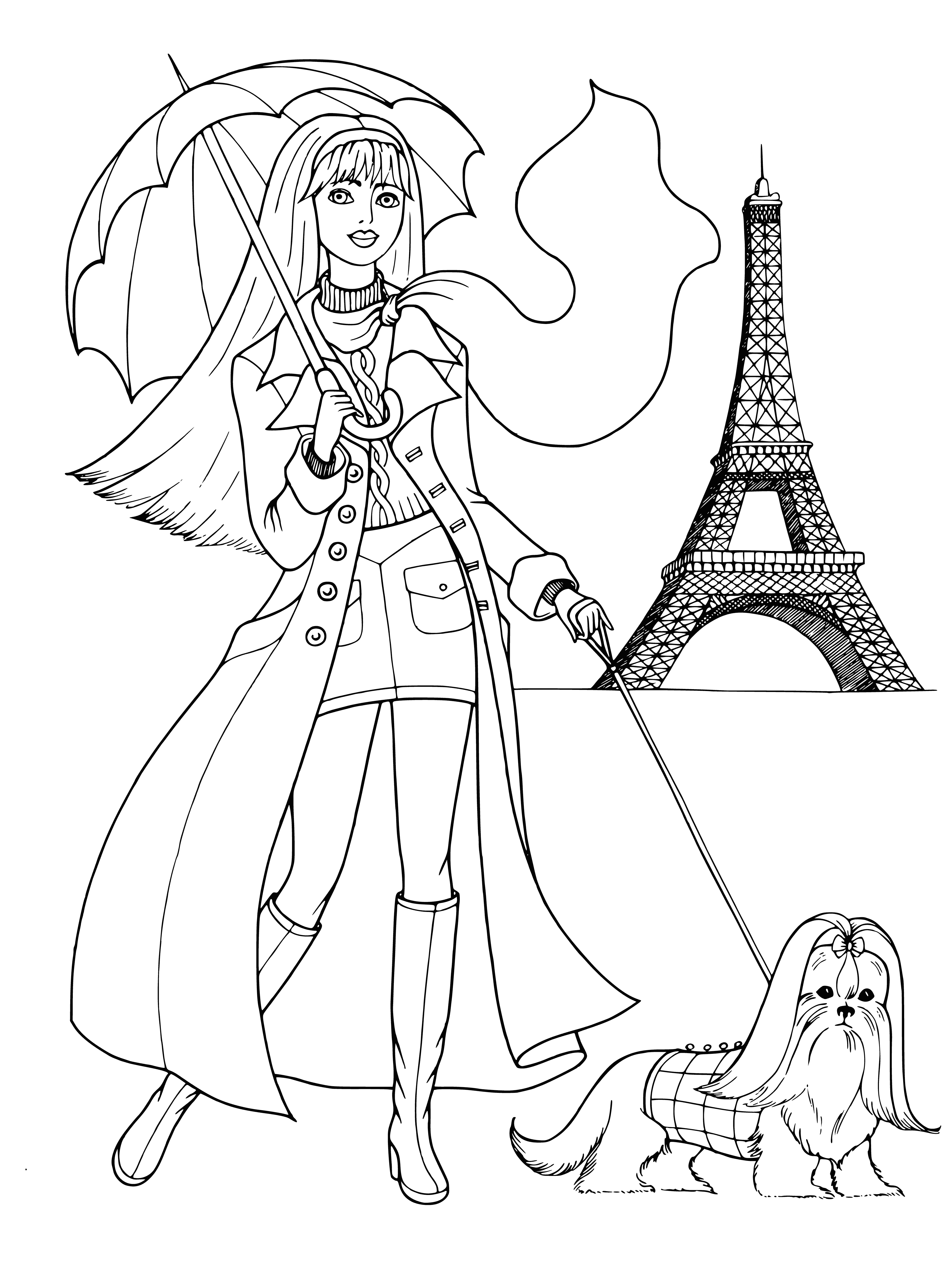 coloring page: Young woman in fashionable outfit sitting on Paris bench, legs crossed, smiling happily at camera. #ParisStyle