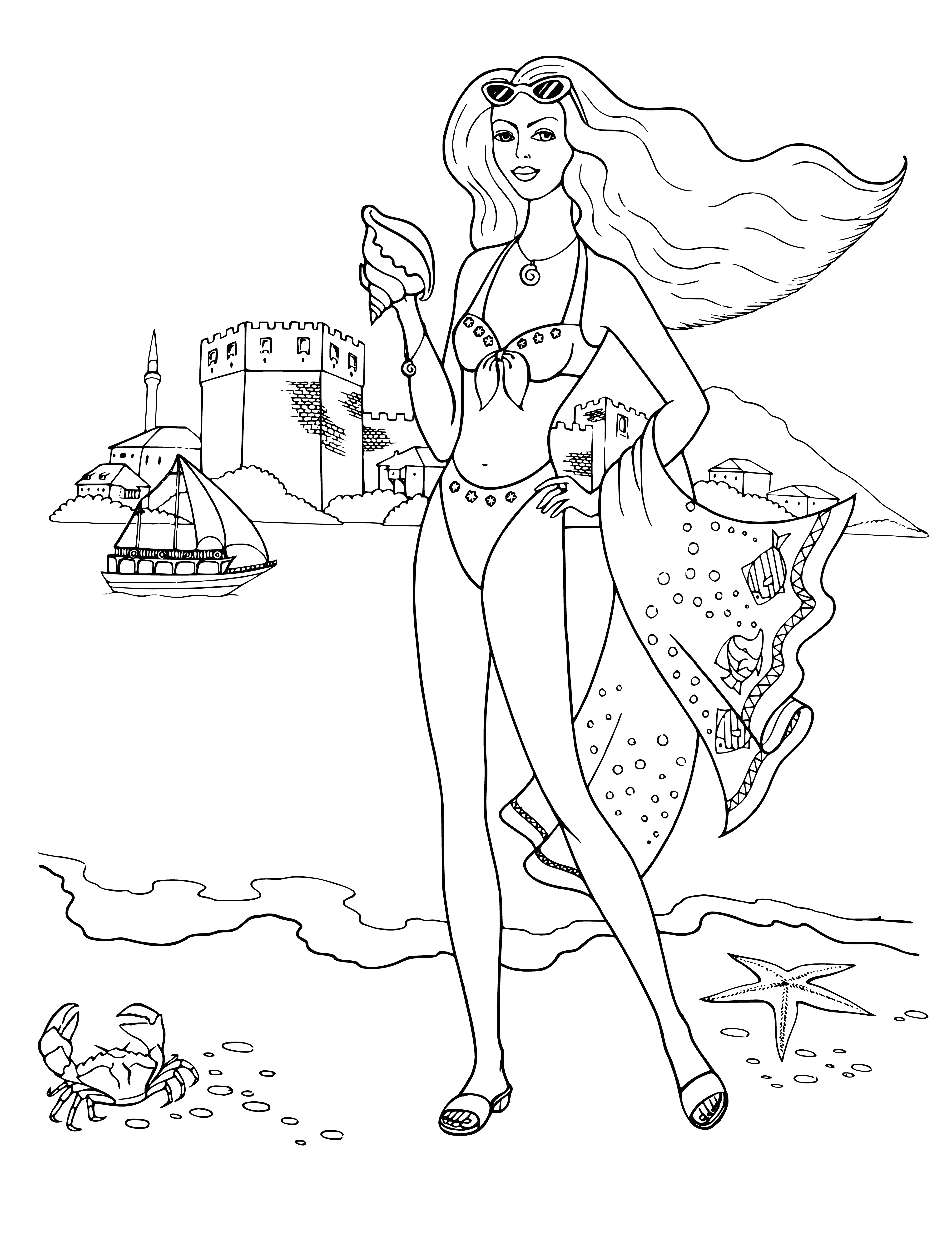 coloring page: Group of fashionable women on beach wearing bikinis & hairstyles, each has different color and carrying trendy beach bags.