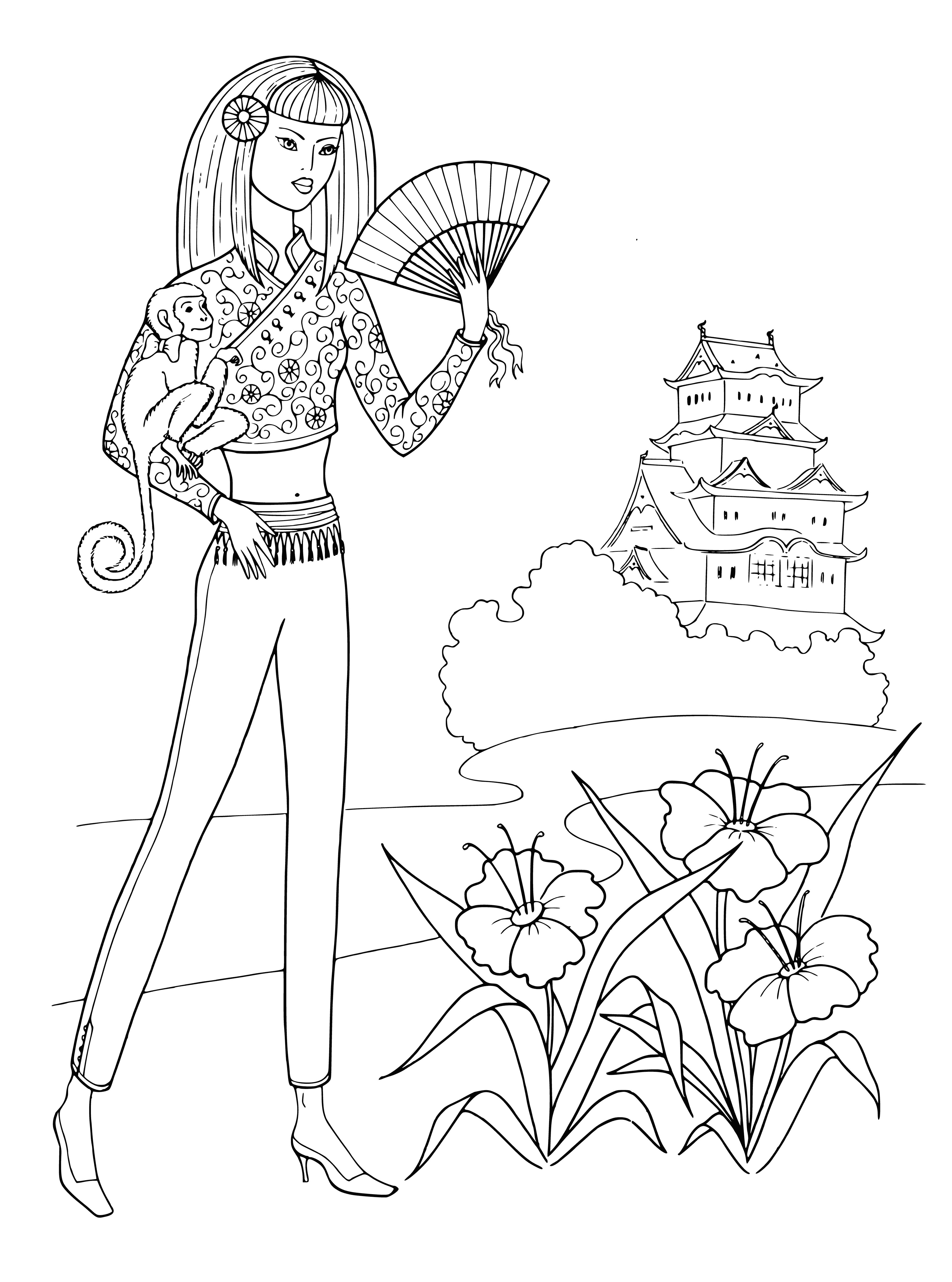 coloring page: Girl and monkey twins smile for the camera, matching outfits of dress and diaper/bowtie.