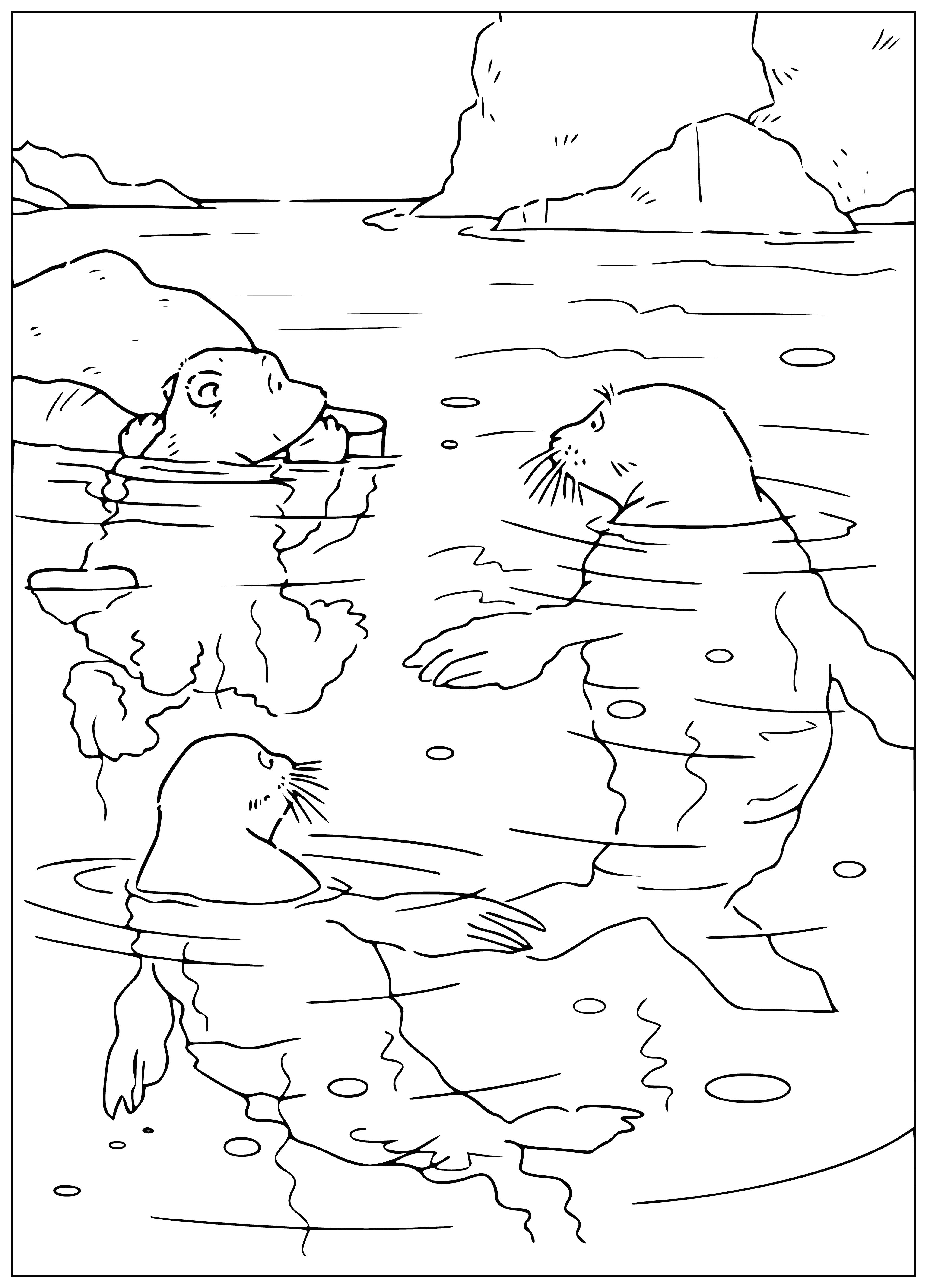coloring page: A polar bear named Lars plays with seals, enjoying himself immensely.