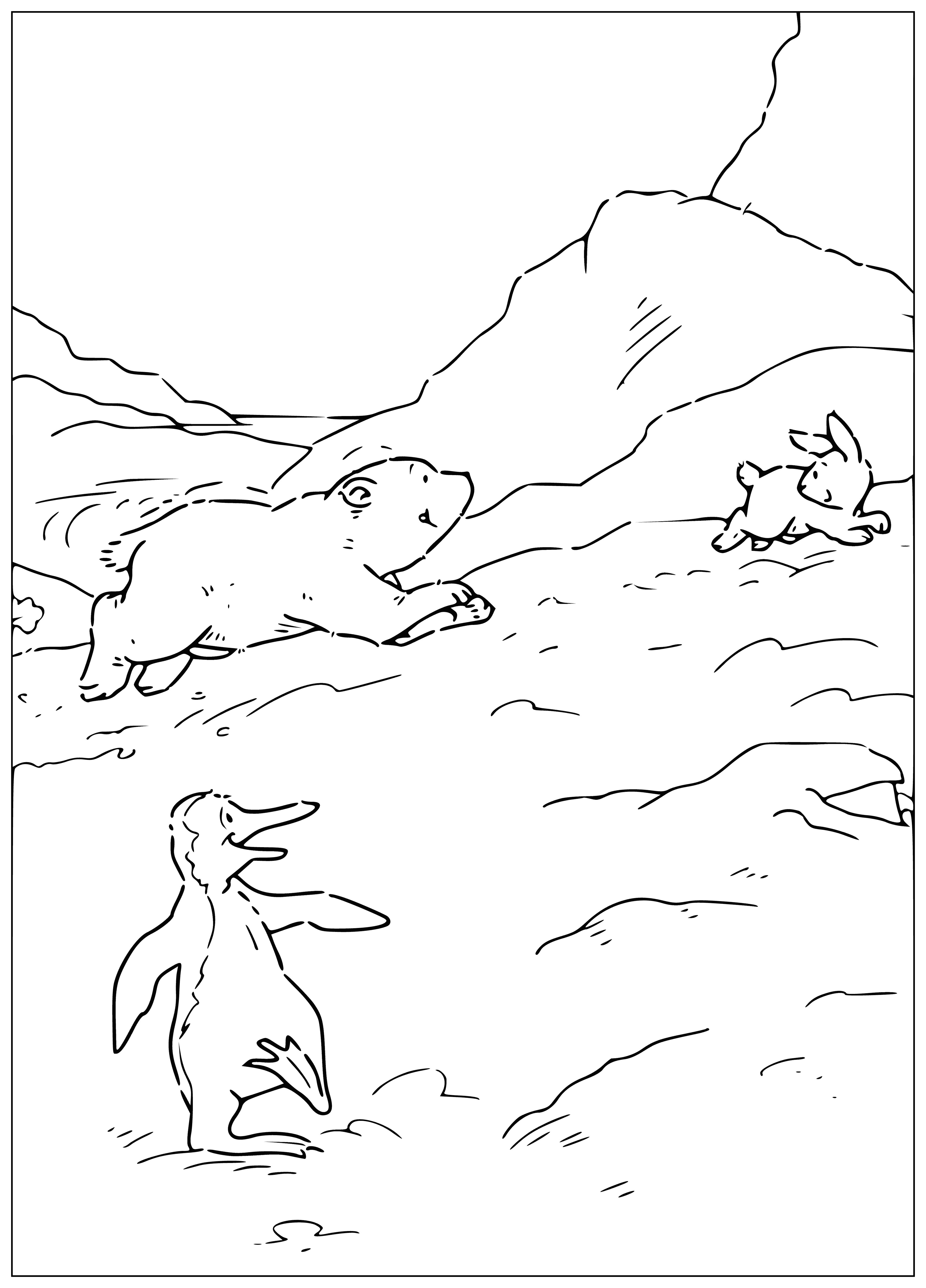 coloring page: Lars the polar bear sits on a block of ice wearing a red scarf and blue hat, cradling a white bunny with black spots holding a carrot.