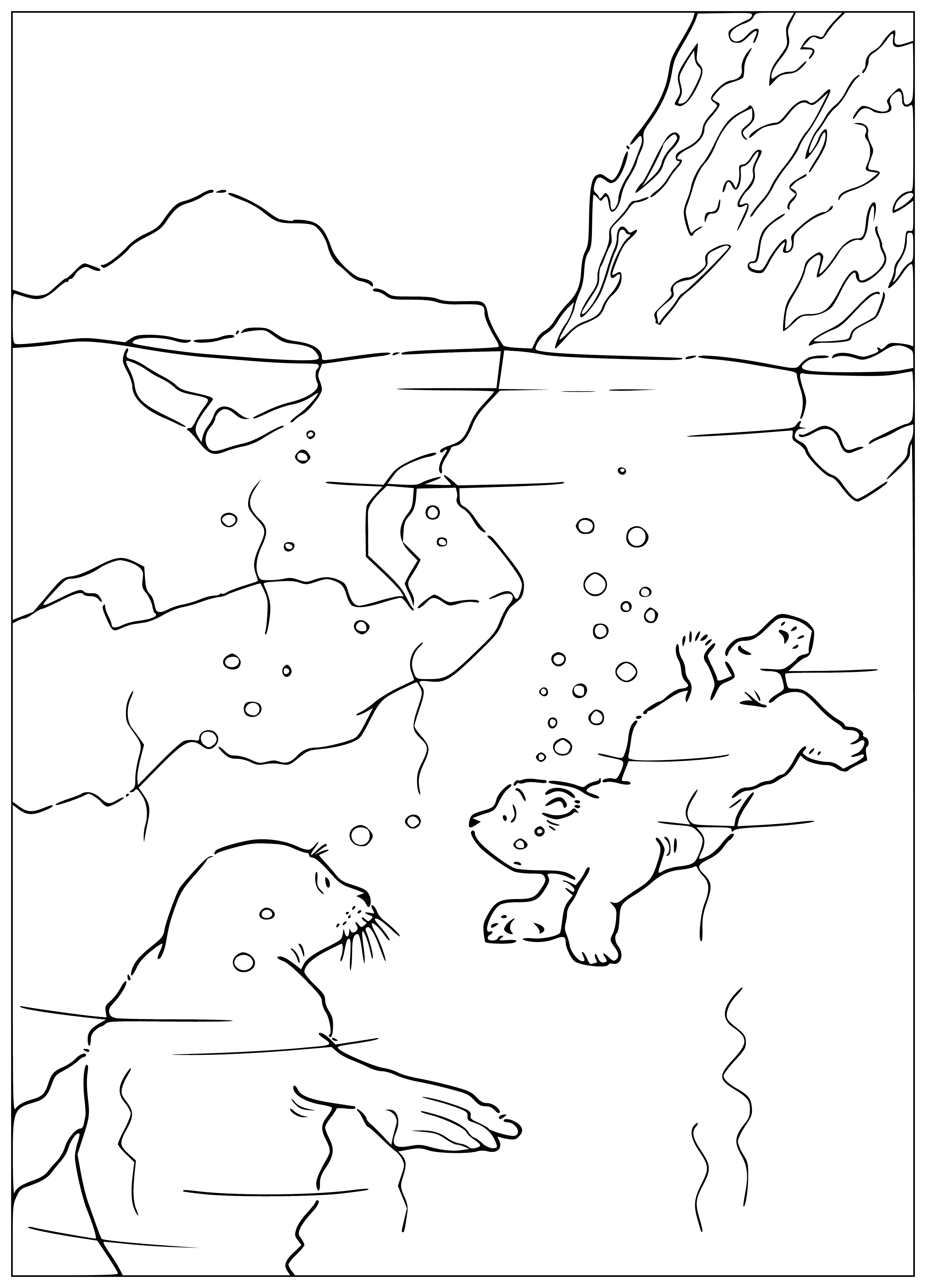 coloring page: Little polar bear holds a blue teddy bear & white seal, the teddy wearing a red ribbon. Seal looks at the bear, head tilted.