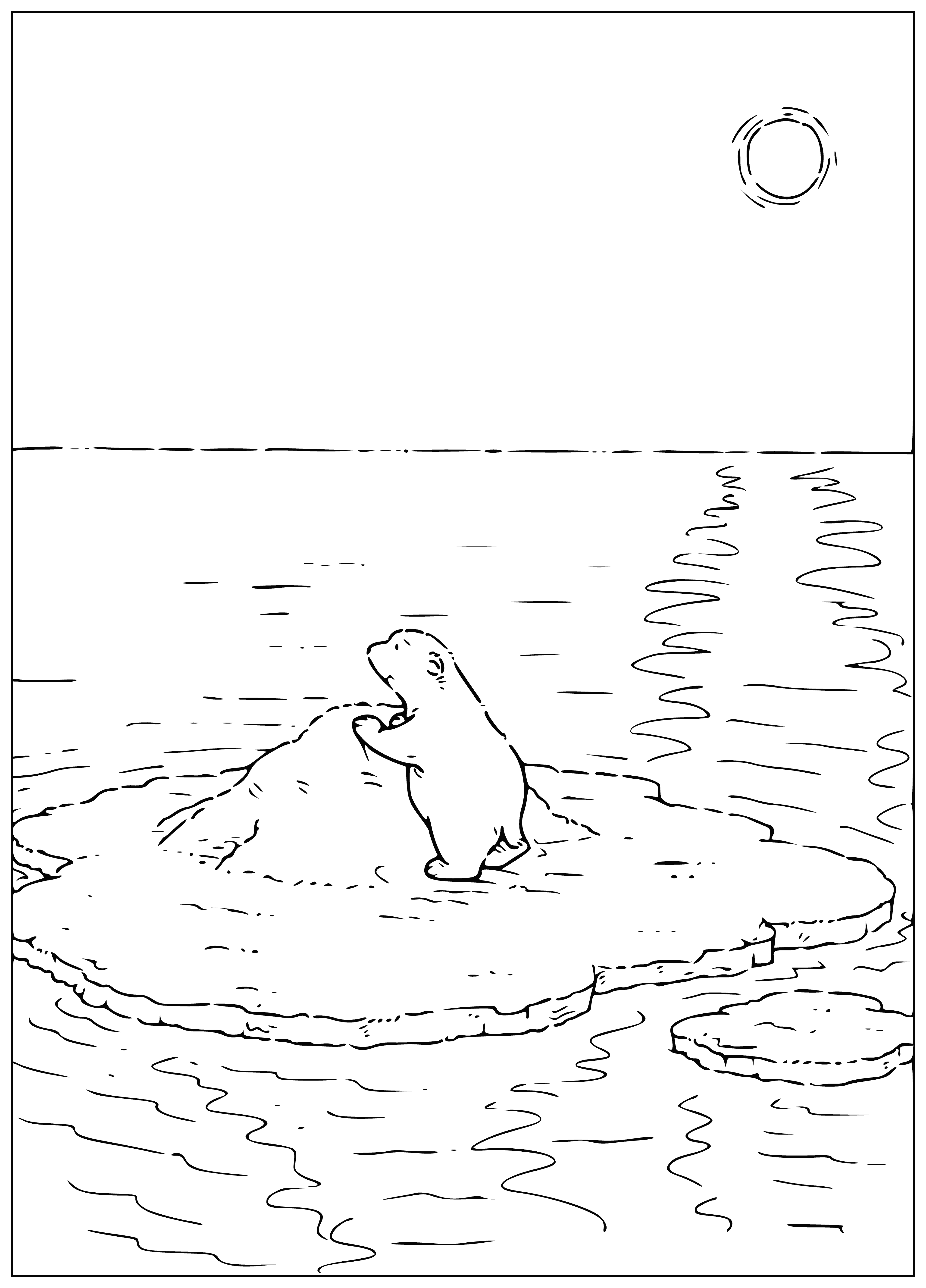 coloring page: Little polar bear sits sad and alone on an ice floe.