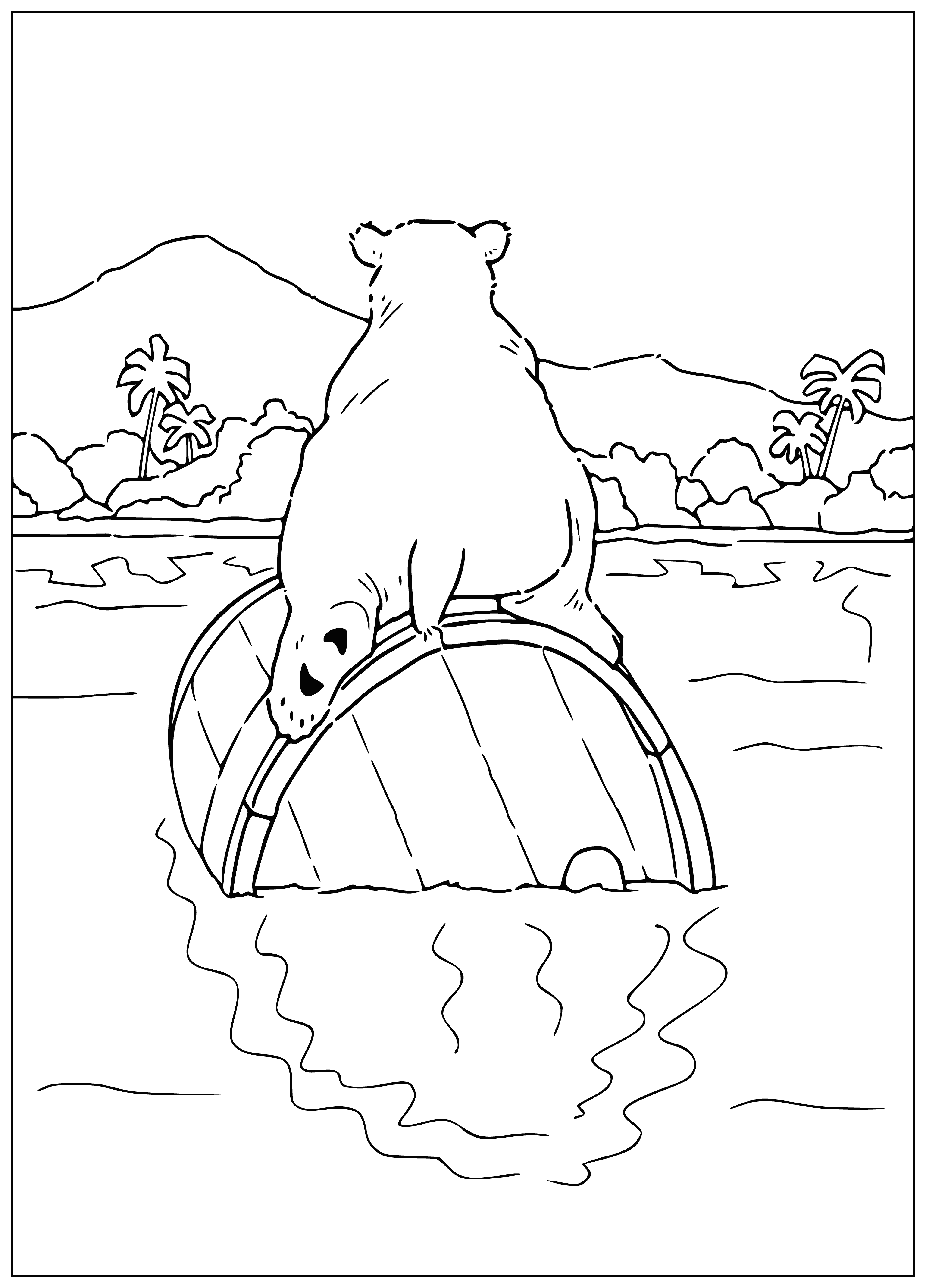 coloring page: Little polar bear Lars happily sits atop a blue barrel, arms crossed, grinning.