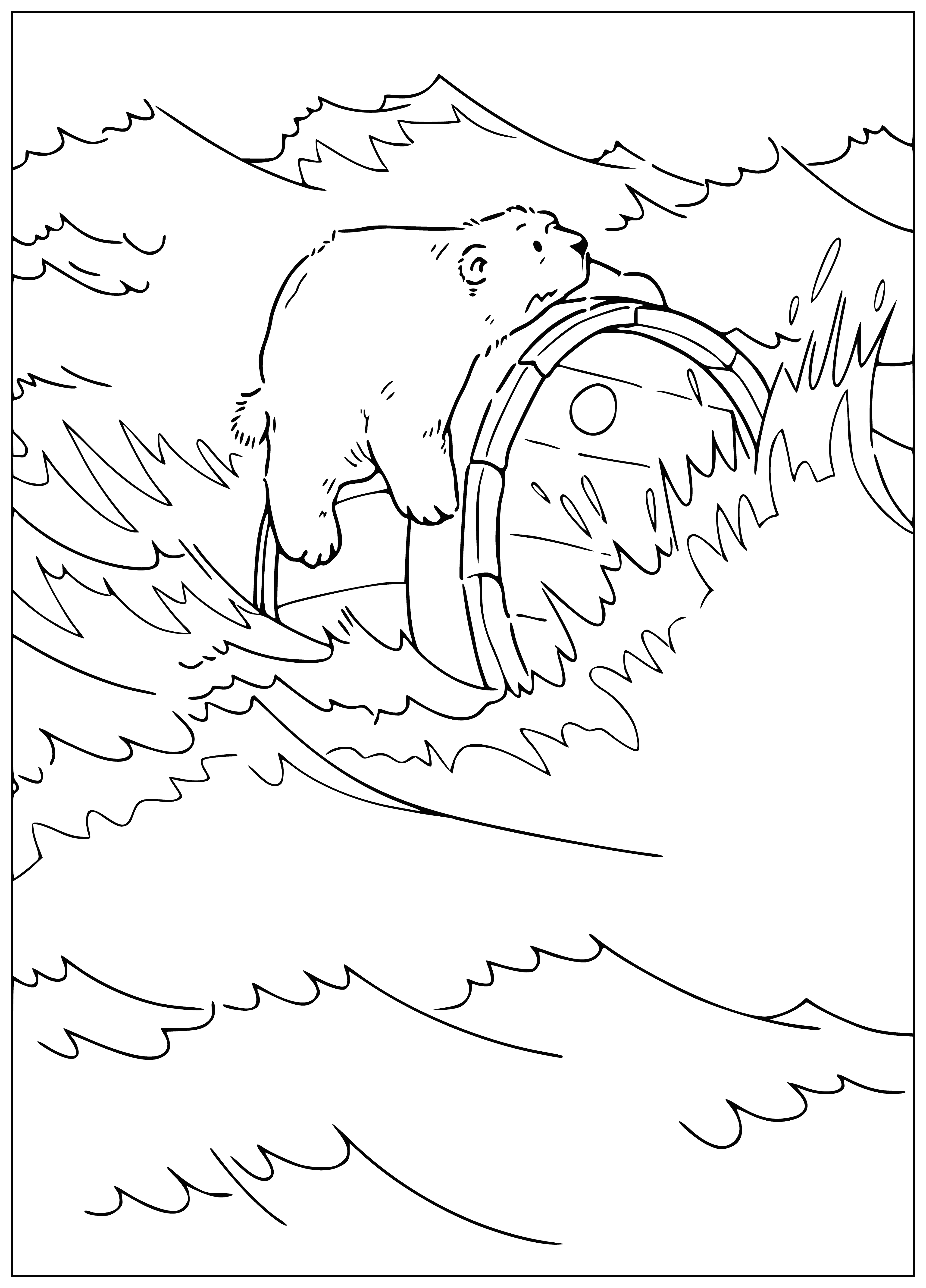 coloring page: Little polar bear stands on floe amid snowy storm; looks up as fur blows in wind. #coloringpage #animals #snow