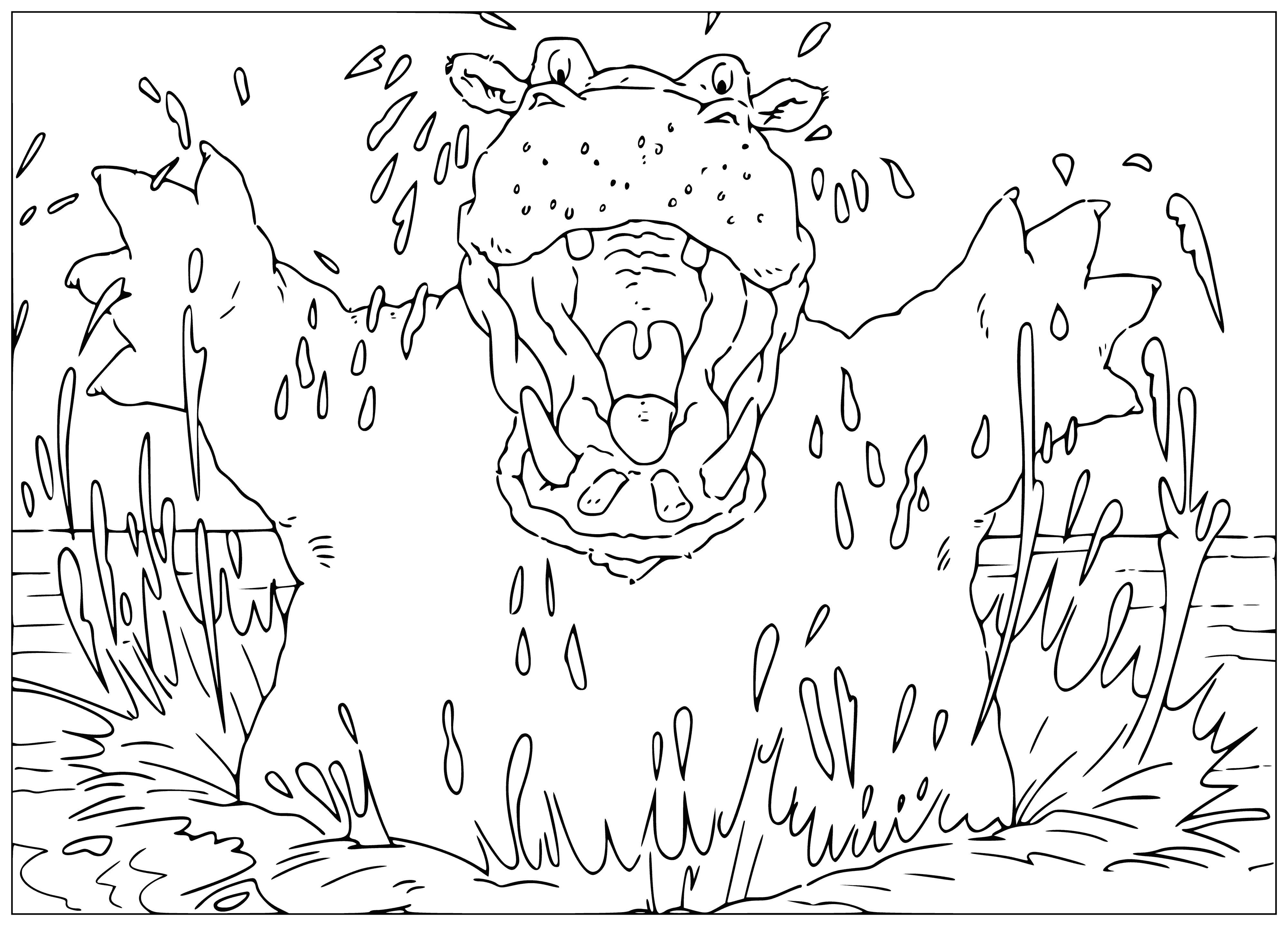 coloring page: Small white polar bear looks scared at huge hippo w/ mouth open showing teeth.