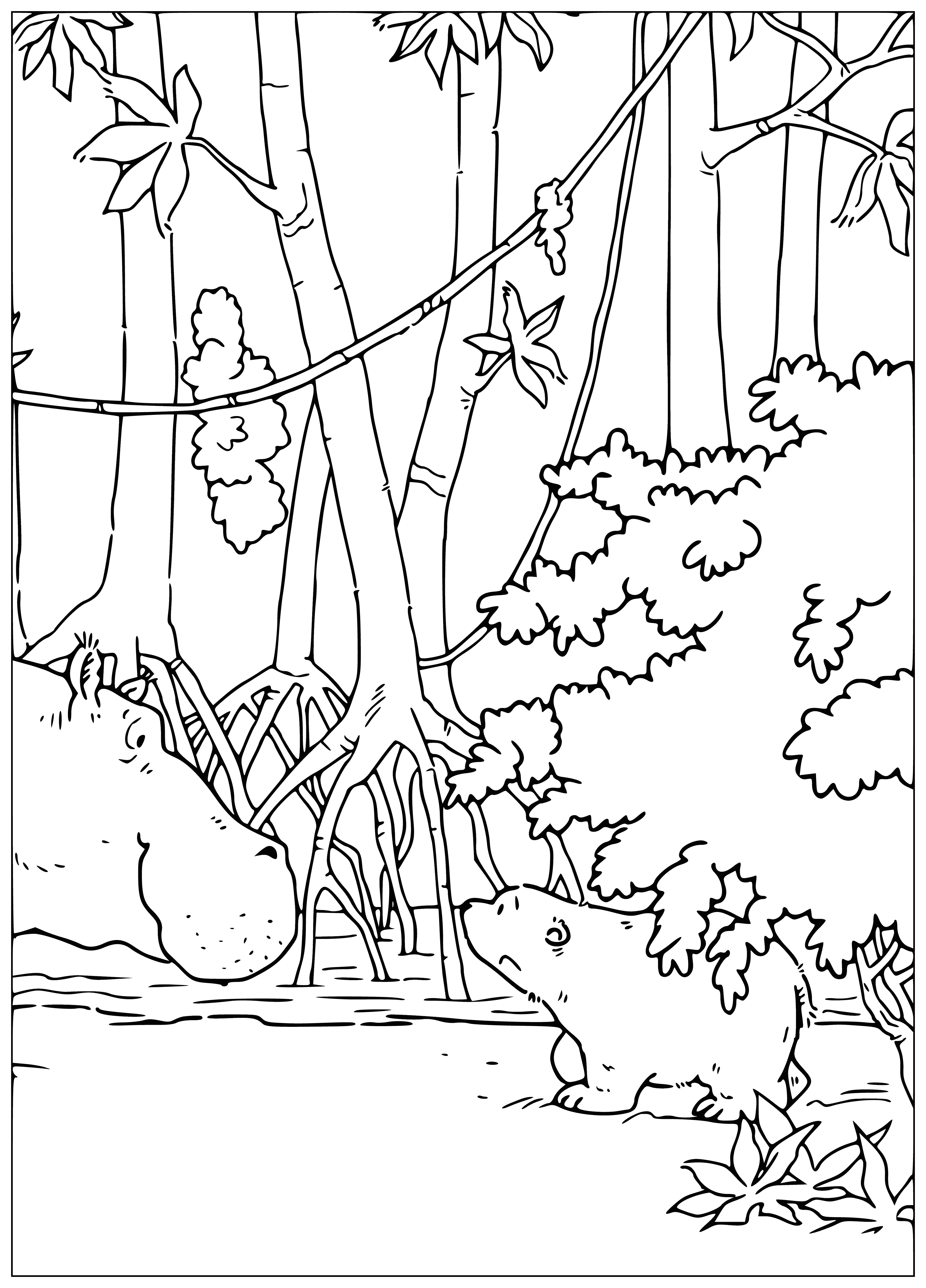 coloring page: Lars & the hippo playing: him (striped shirt & blue pants) w/ red ball, hippo (gray, bow tie & striped shirt) standing, tail curled.