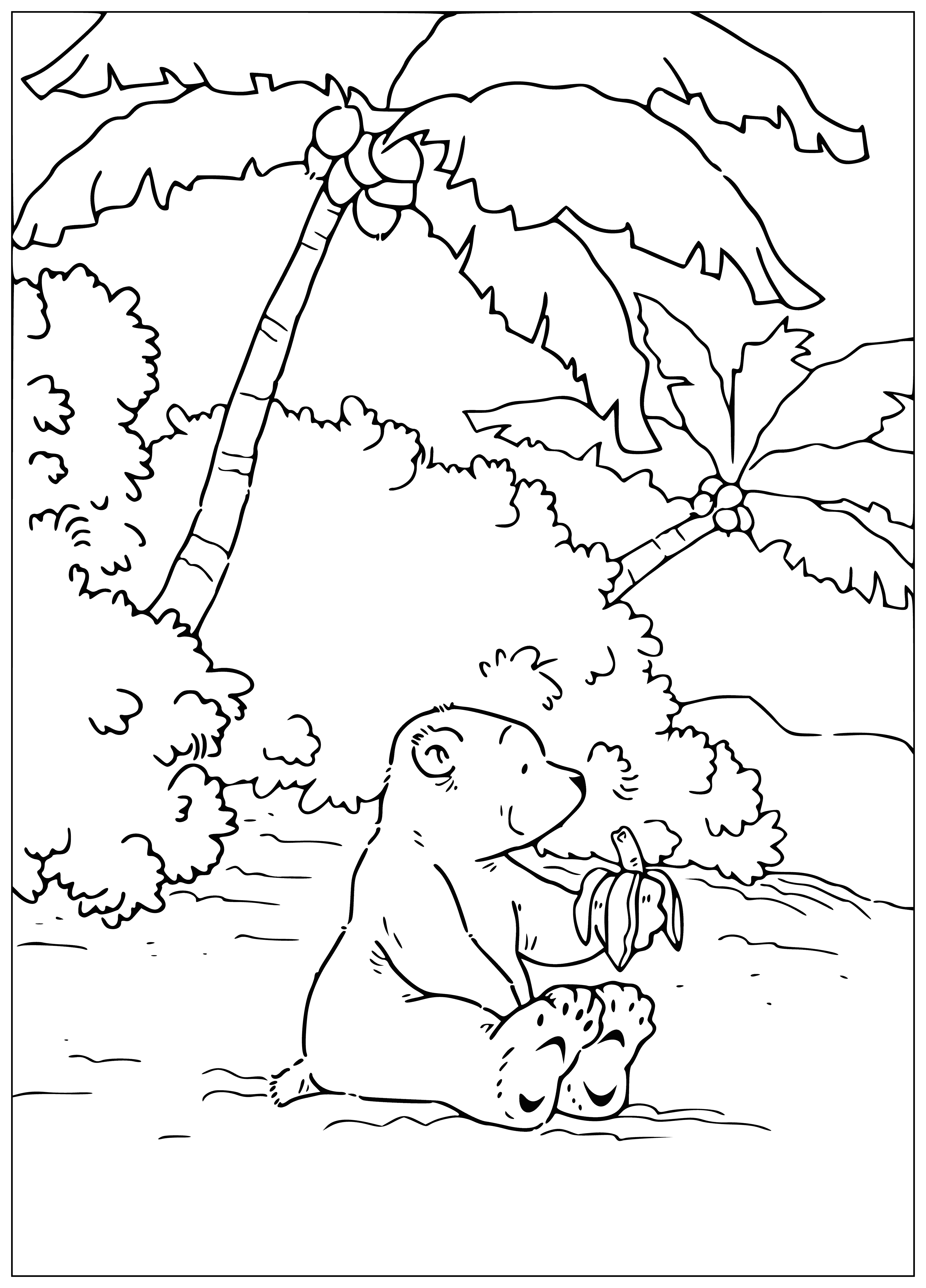 coloring page: A small polar bear holds a banana while standing on a patch of ice. Penguins are behind him. #coloringpage