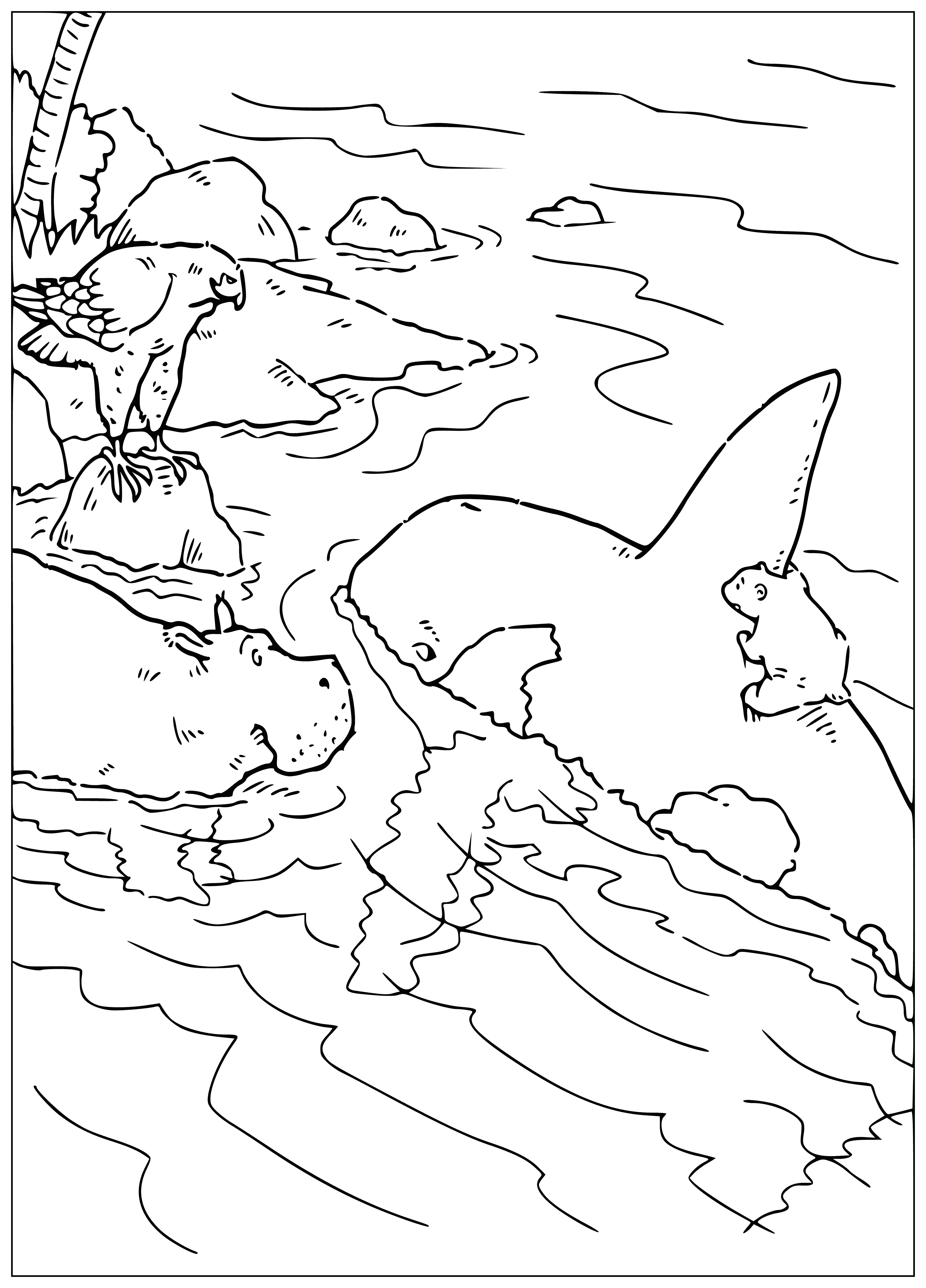 coloring page: Polar bear rides killer whale through the water, grasping fin with paws & enjoying the ride!