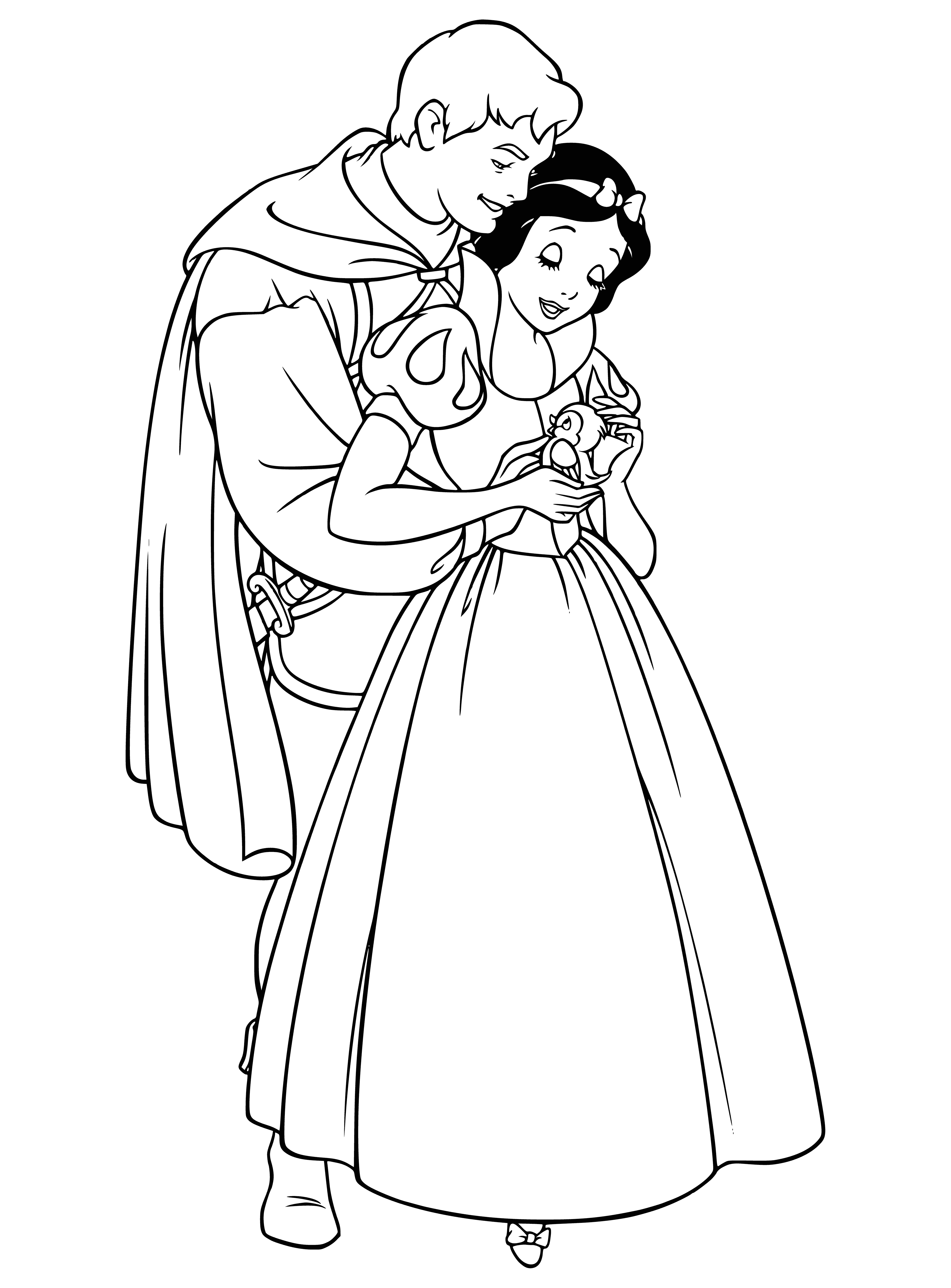 coloring page: A woman in white and a man in red stand, facing each other and smiling, surrounded by a forest with a castle on the horizon.