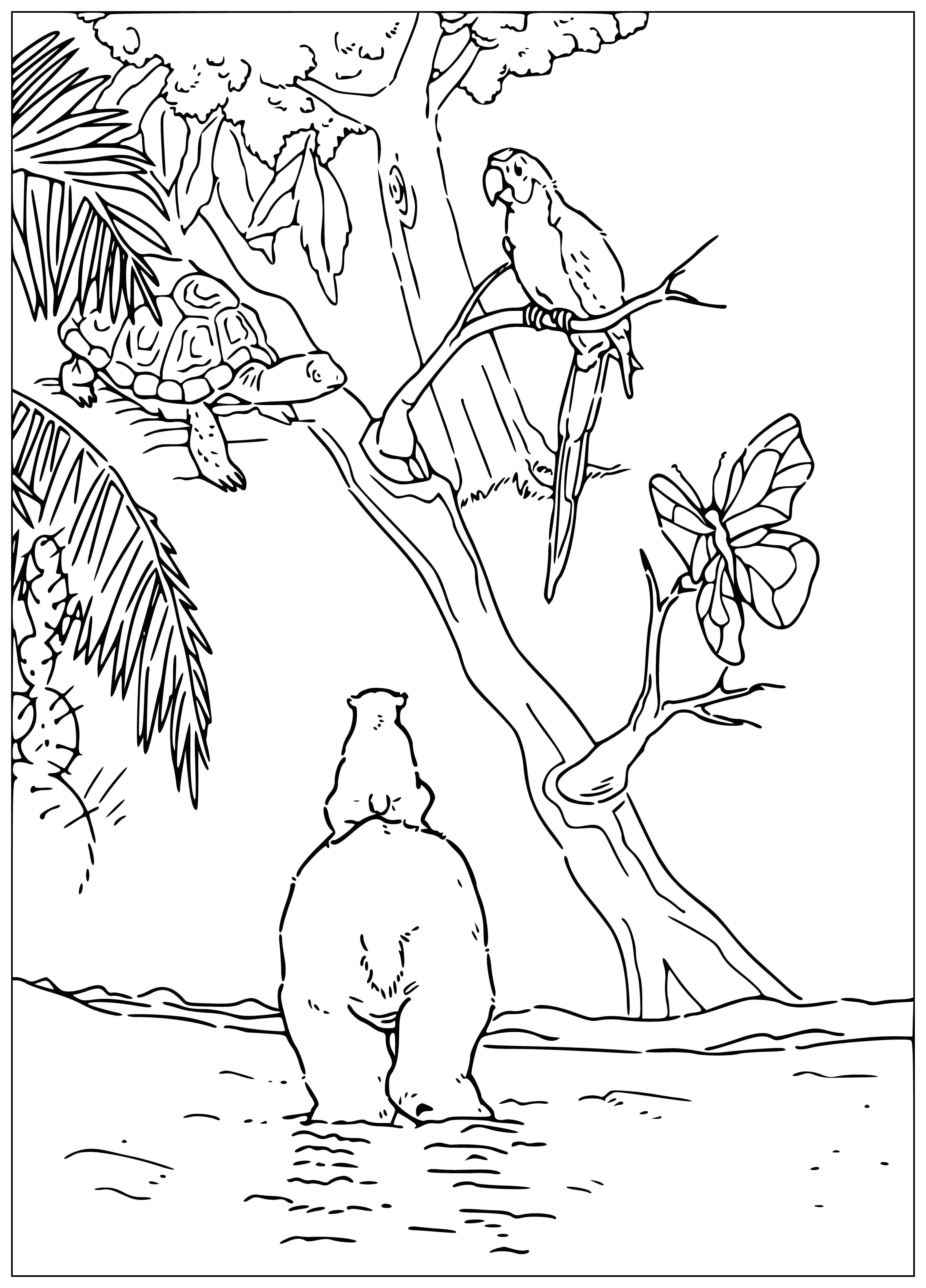 coloring page: Lars the polar bear enjoys a sunny day swimming with a dolphin on a sandy beach.