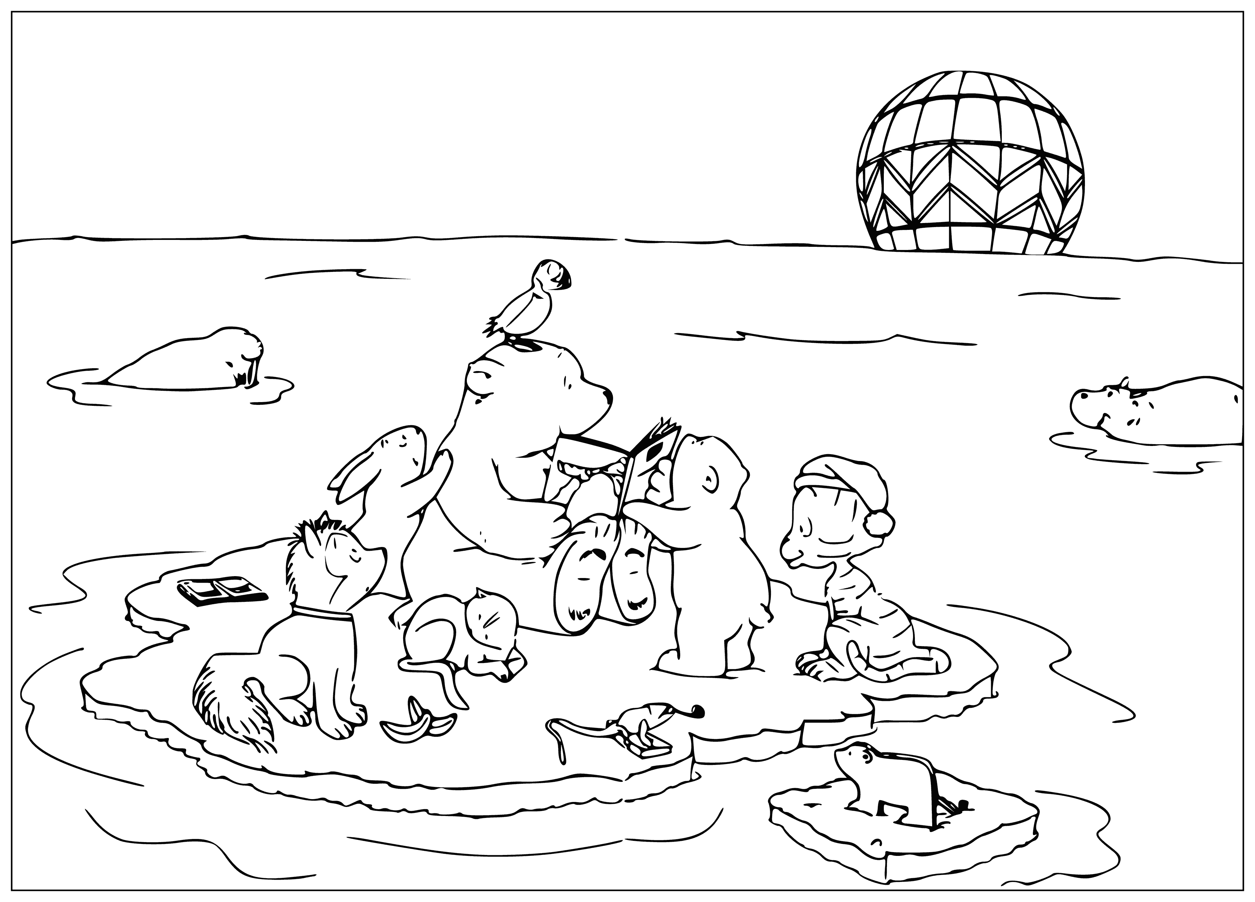 coloring page: A little polar bear standing on some ice reaches for a fish in the water in the coloring page. #coloringpage #polarbear #fish