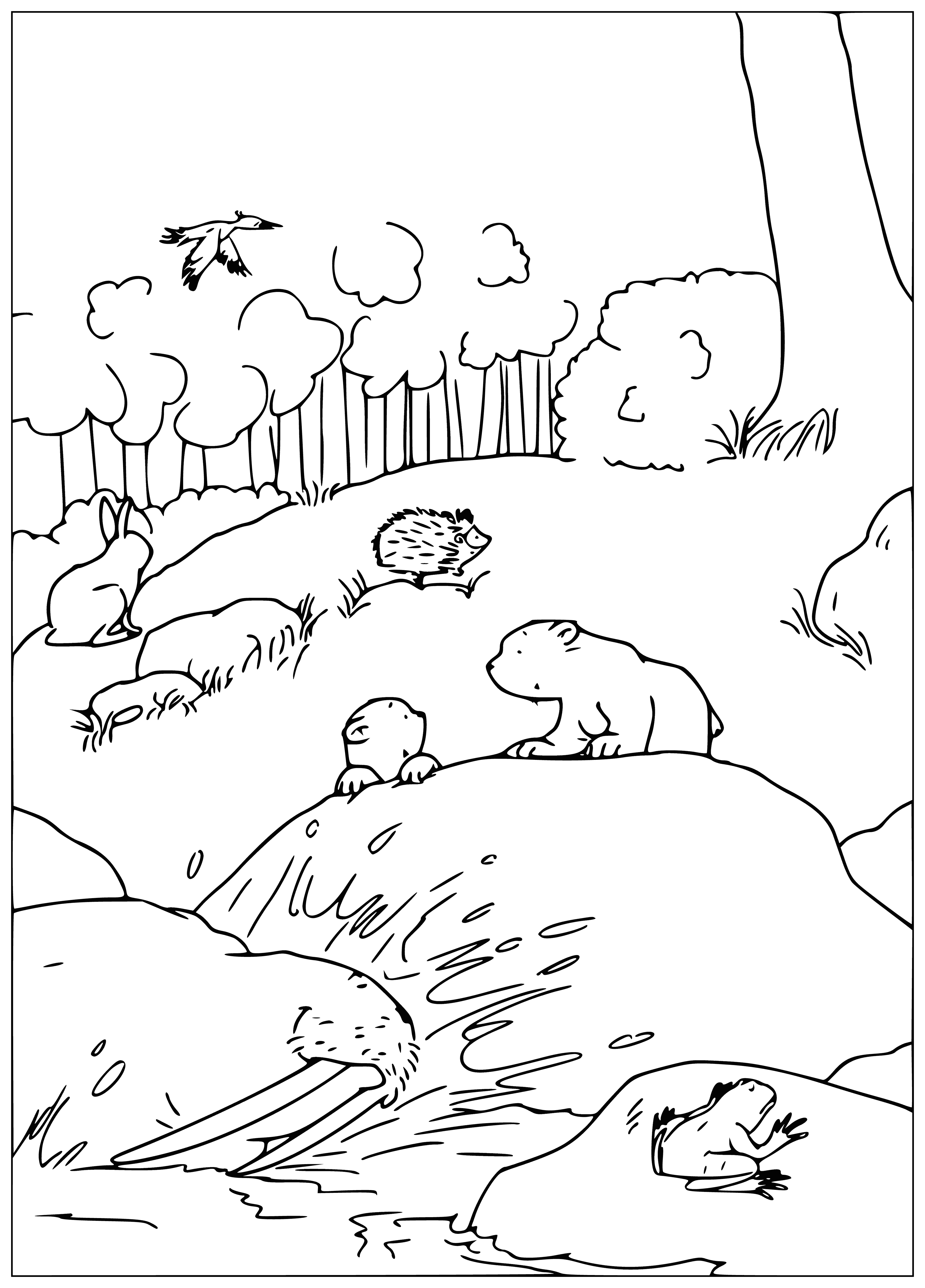 coloring page: Little polar bear sits on edge of ice, watching 2 birds on shore. One standing on one leg, pointing out to the water; the other with wings outstretched.