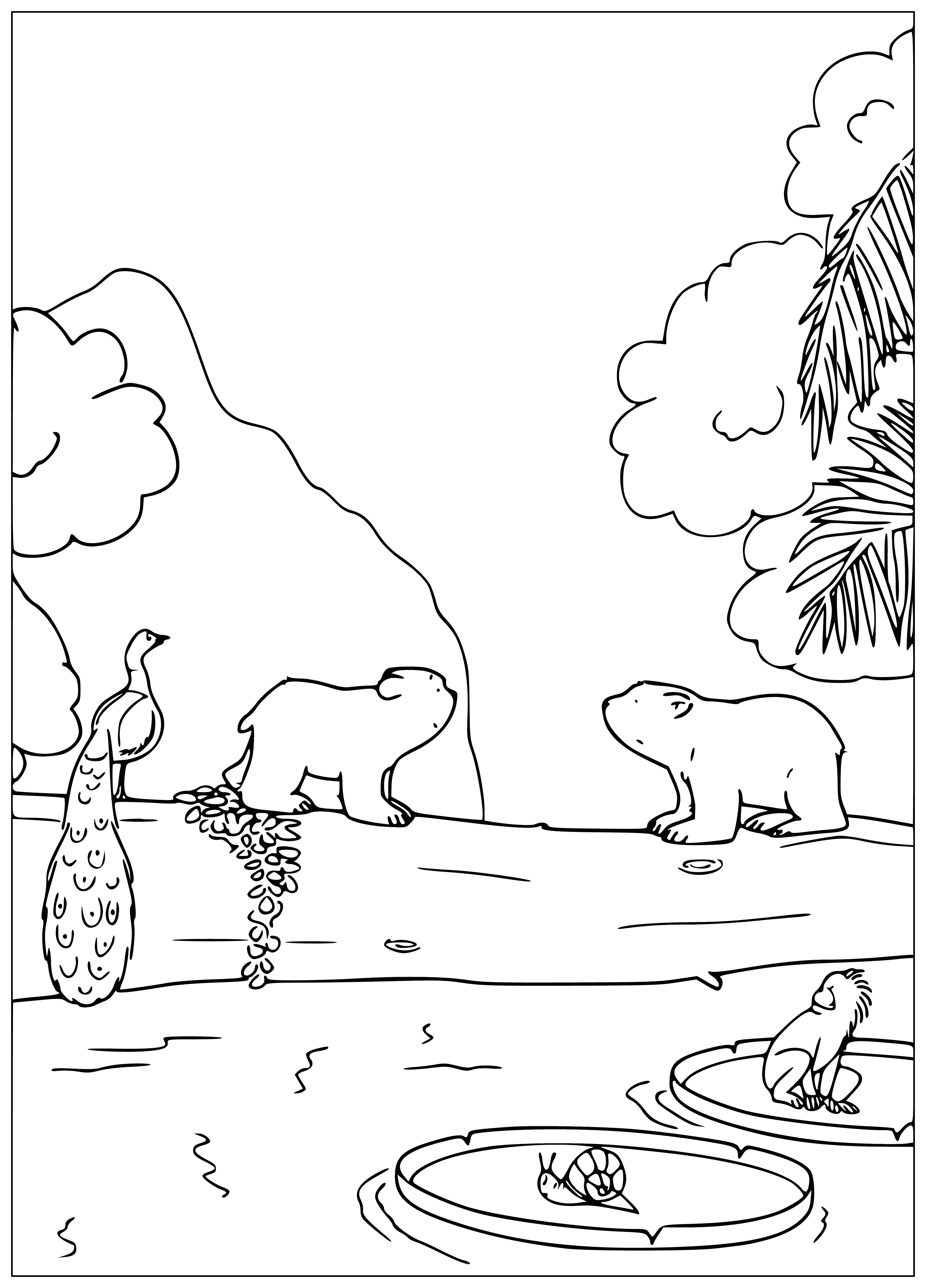 coloring page: Little polar bear sits on log in snow, looking into the distance.