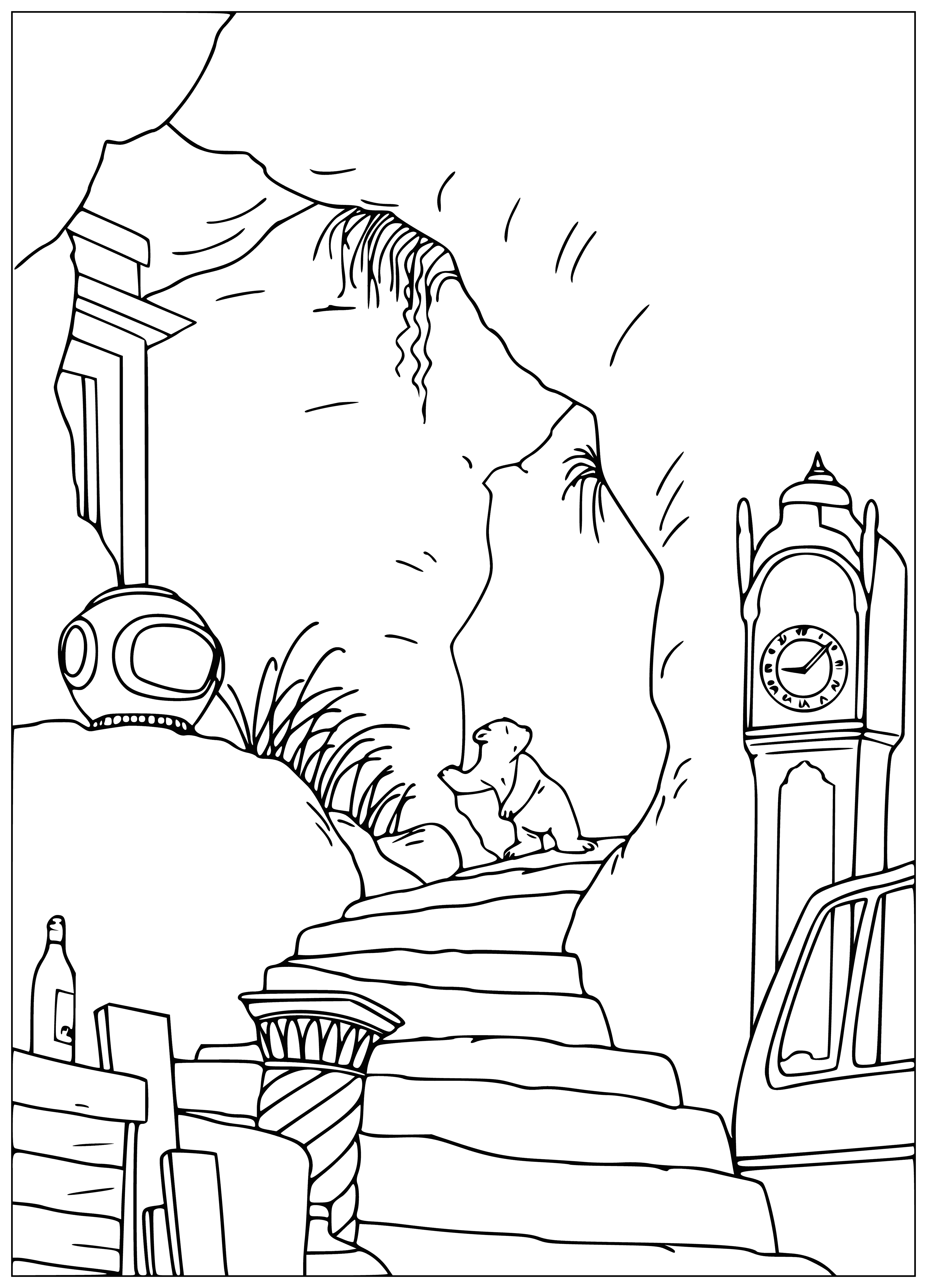 coloring page: Little polar bear stands in dark cave looking up at sky where a small hole lets sunshine in. #polarbear #cave #sunshine